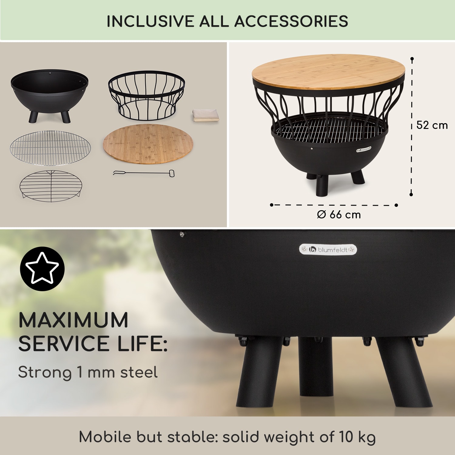 Blumfeldt Nantai, ohnisko s grilom a stolom 3 v 1, Ø 66 cm, grilovací rošt Ø 50 cm, oceľ, bambusová doska – Obrázok 5