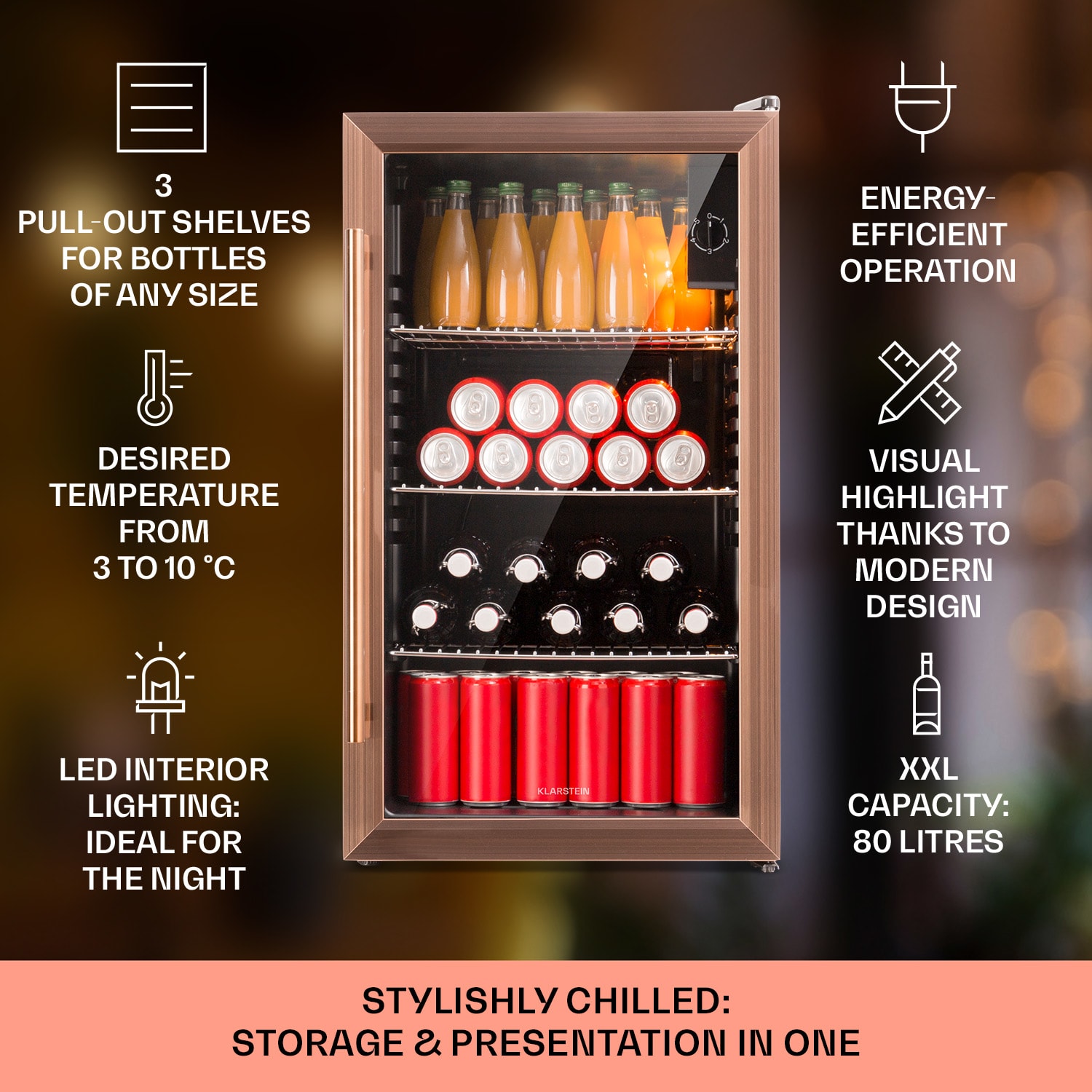 Klarstein Beersafe XXL, chladnička, 80 l, 3 police, energet. trieda E, panoramatické sklenené dvierka – Obrázok 2