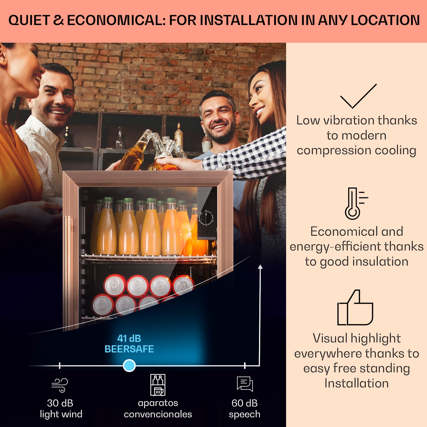 Klarstein Beersafe XXL, chladnička, 80 l, 3 police, energet. trieda E, panoramatické sklenené dvierka – Obrázok 3