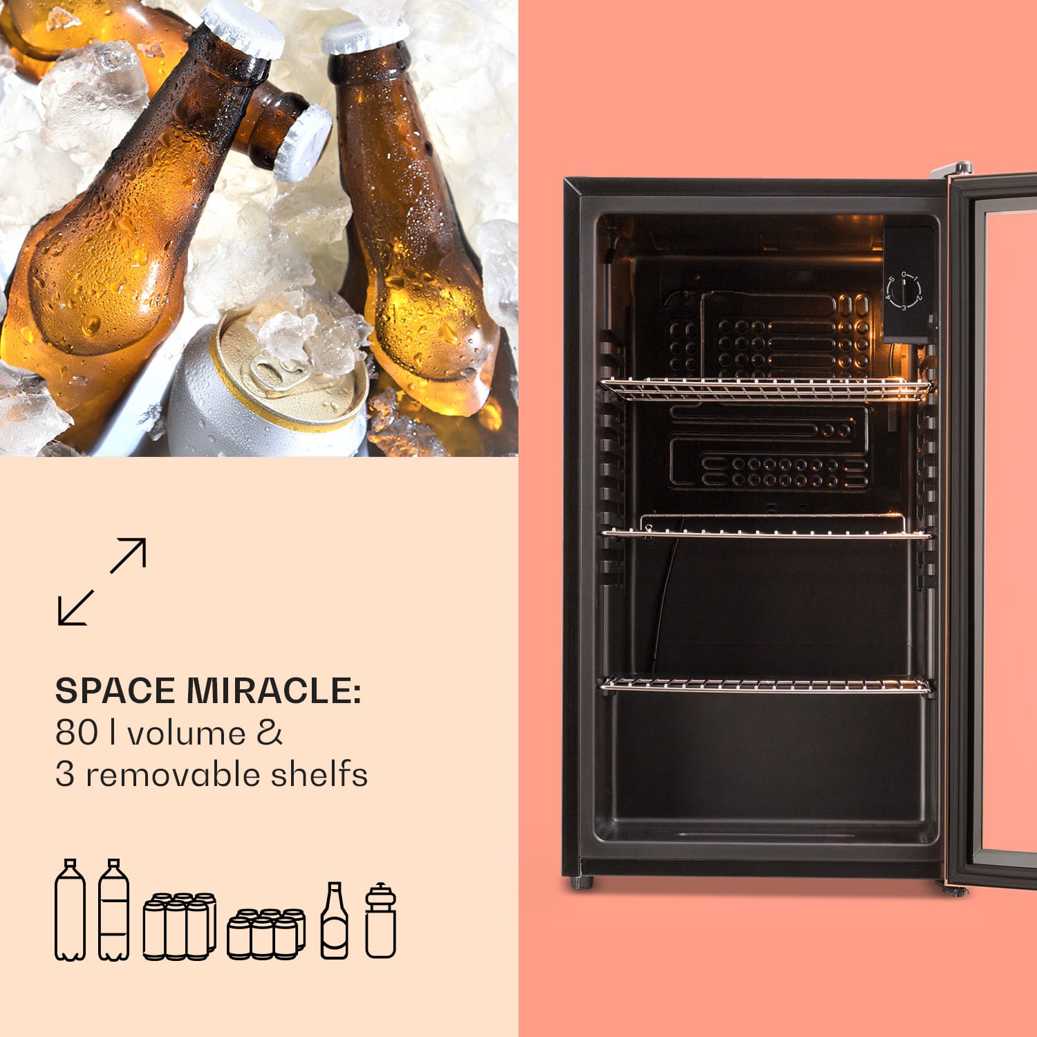 Klarstein Beersafe XXL, chladnička, 80 l, 3 police, energet. trieda E, panoramatické sklenené dvierka – Obrázok 5