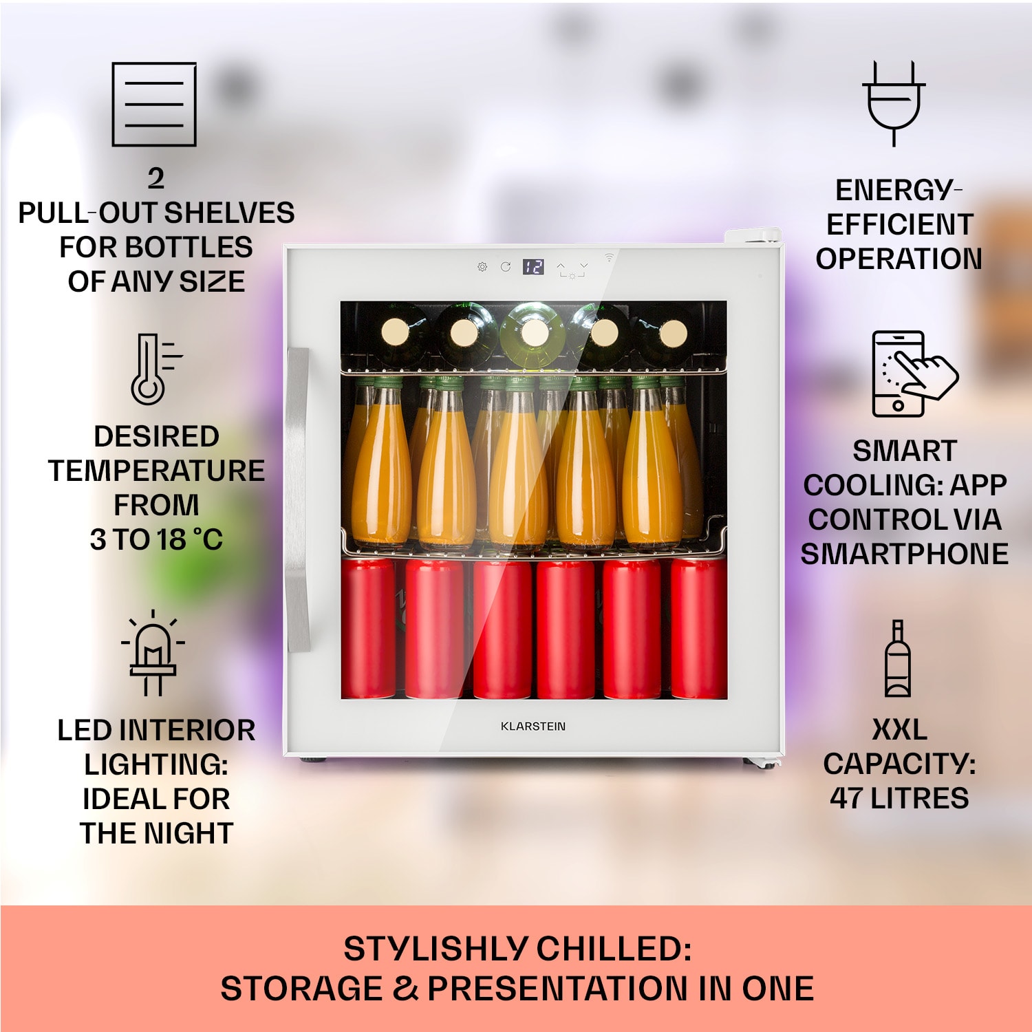 Klarstein Coachella 50 Smart, chladnička, 50 l, funkcia WiFi, podsvietenie, nehrdzavejúca oceľ. – Obrázok 2
