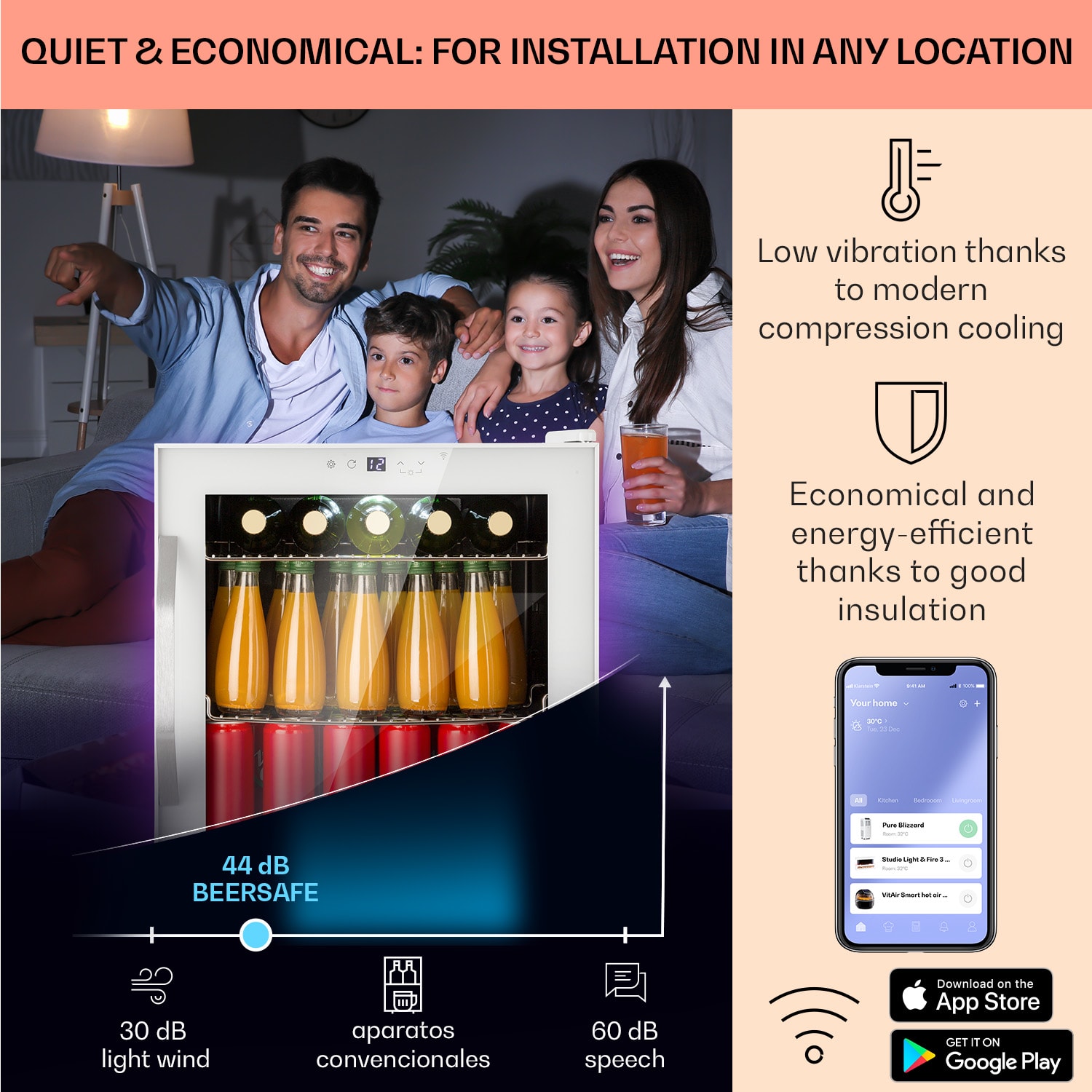 Klarstein Coachella 50 Smart, chladnička, 50 l, funkcia WiFi, podsvietenie, nehrdzavejúca oceľ. – Obrázok 3