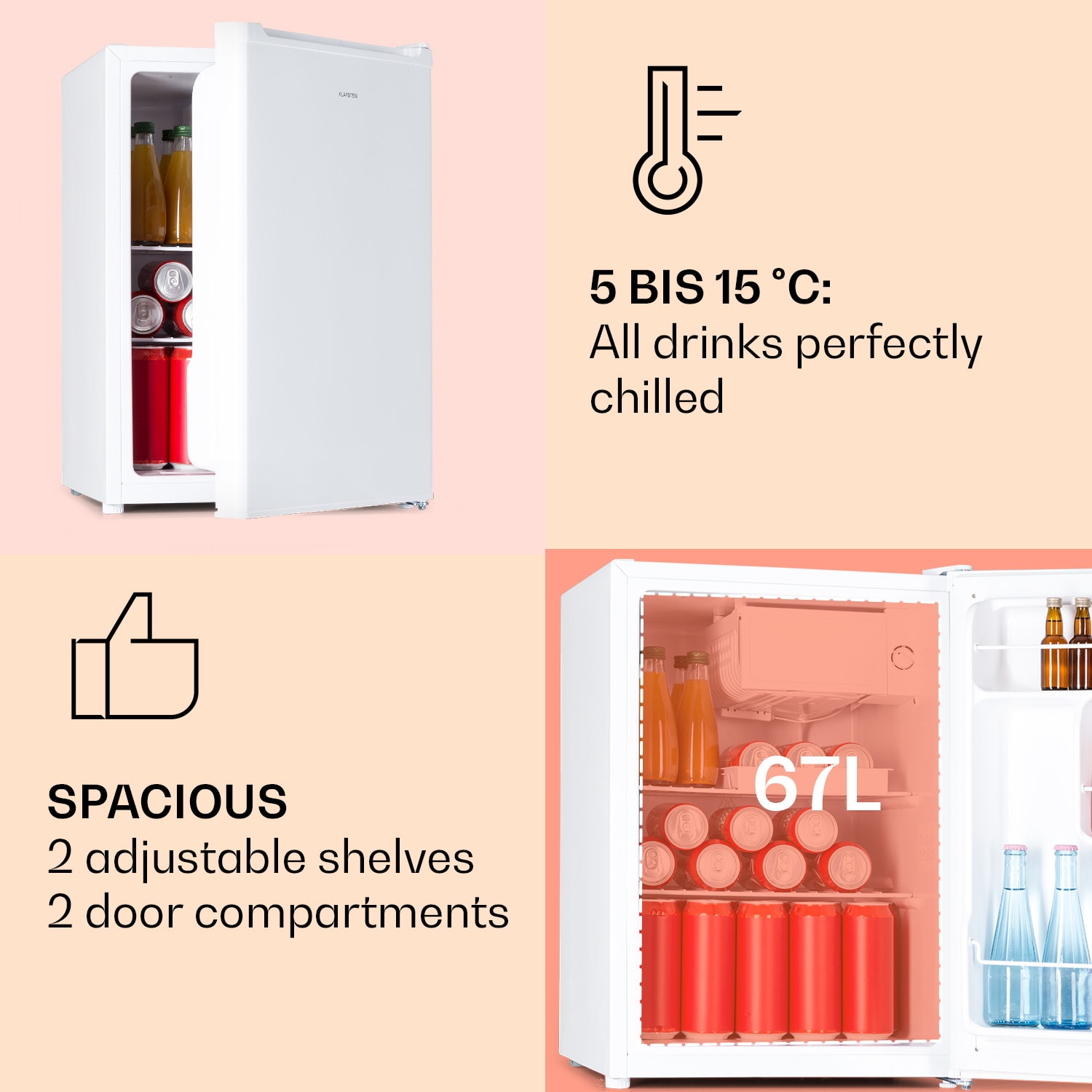 Klarstein Fargo 67, minibar, chladnička 67 l, mraznička 4 l, kompaktná – Obrázok 4