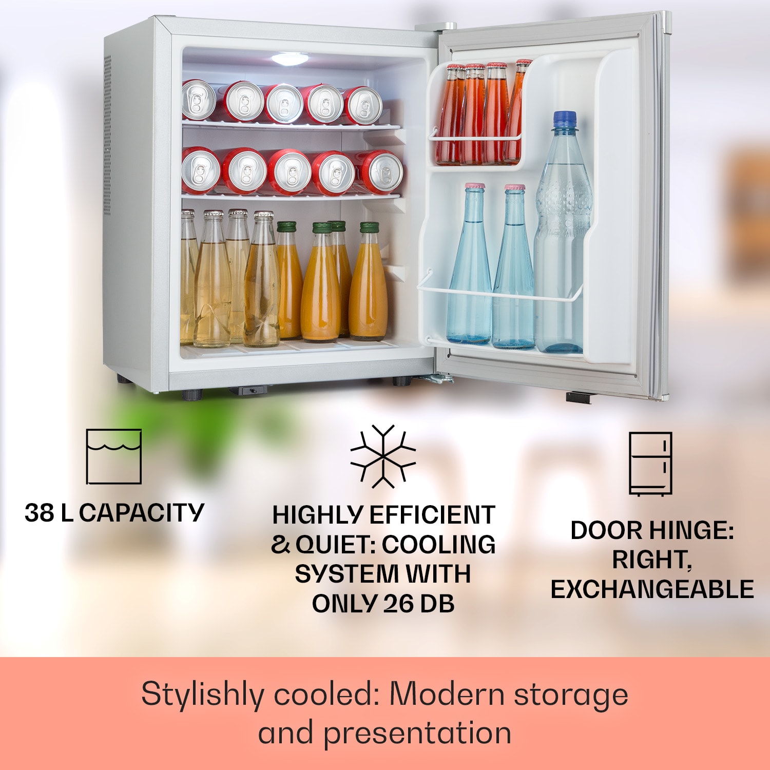 Klarstein Happy Hour 38, mini chladnička, minibar, chladnička na nápoje, 38 l, 26 dB – Obrázok 2