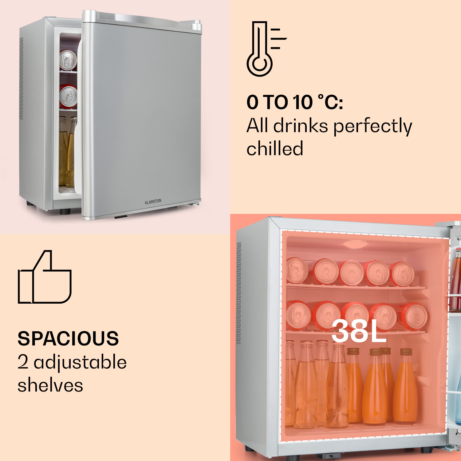 Klarstein Happy Hour 38, mini chladnička, minibar, chladnička na nápoje, 38 l, 26 dB – Obrázok 4