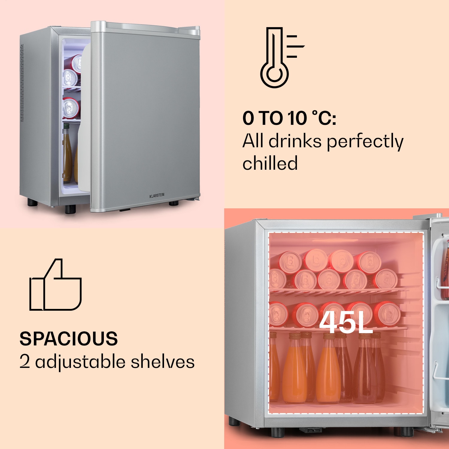 Klarstein Happy Hour 45, mini chladnička, minibar, chladnička na nápoje, 45 l, 26 dB – Obrázok 4