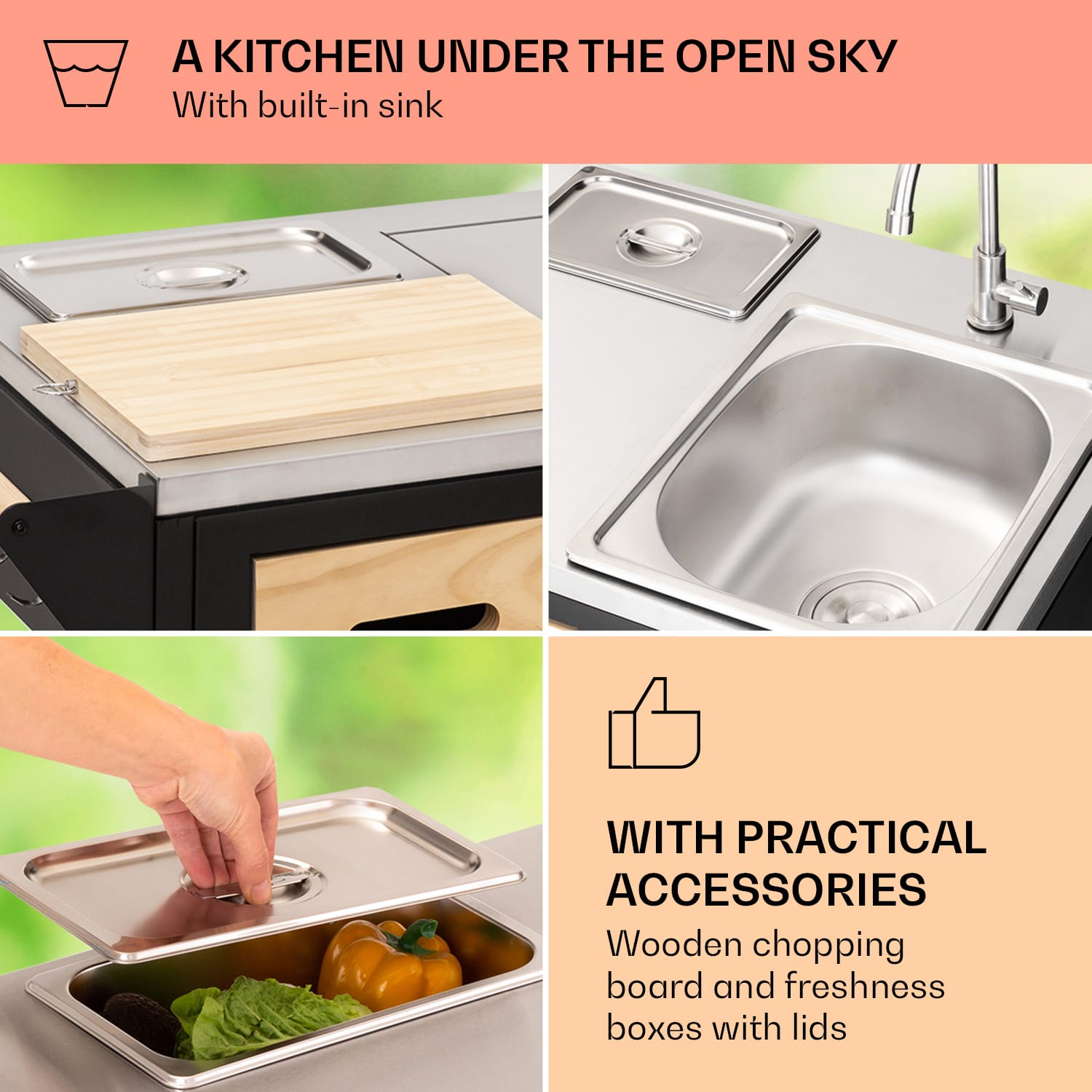 Klarstein Jersey vonkajšia kuchyňa s plynovým grilom a drezom, 20,7 kW, 5+1 horákov, mobilná – Obrázok 4