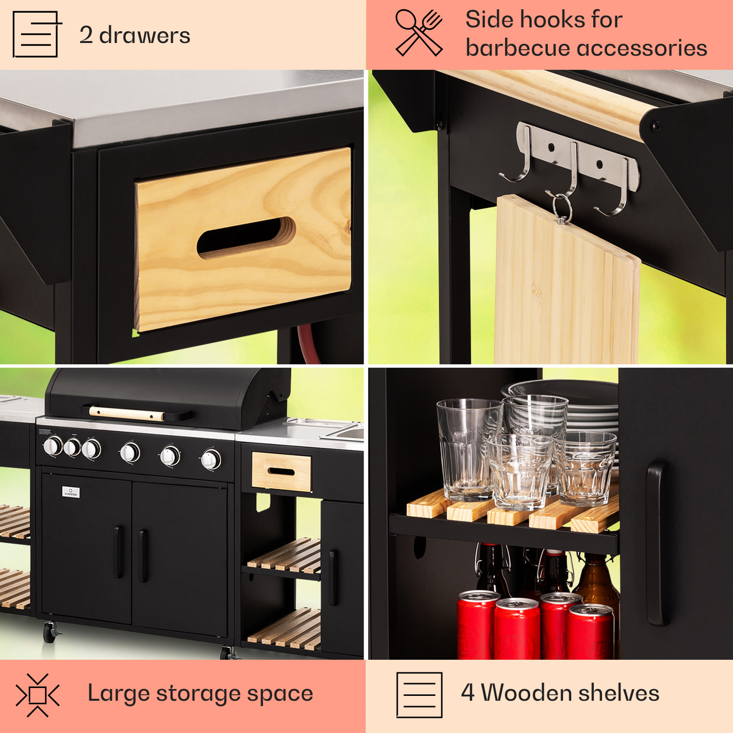 Klarstein Jersey vonkajšia kuchyňa s plynovým grilom a drezom, 20,7 kW, 5+1 horákov, mobilná – Obrázok 5