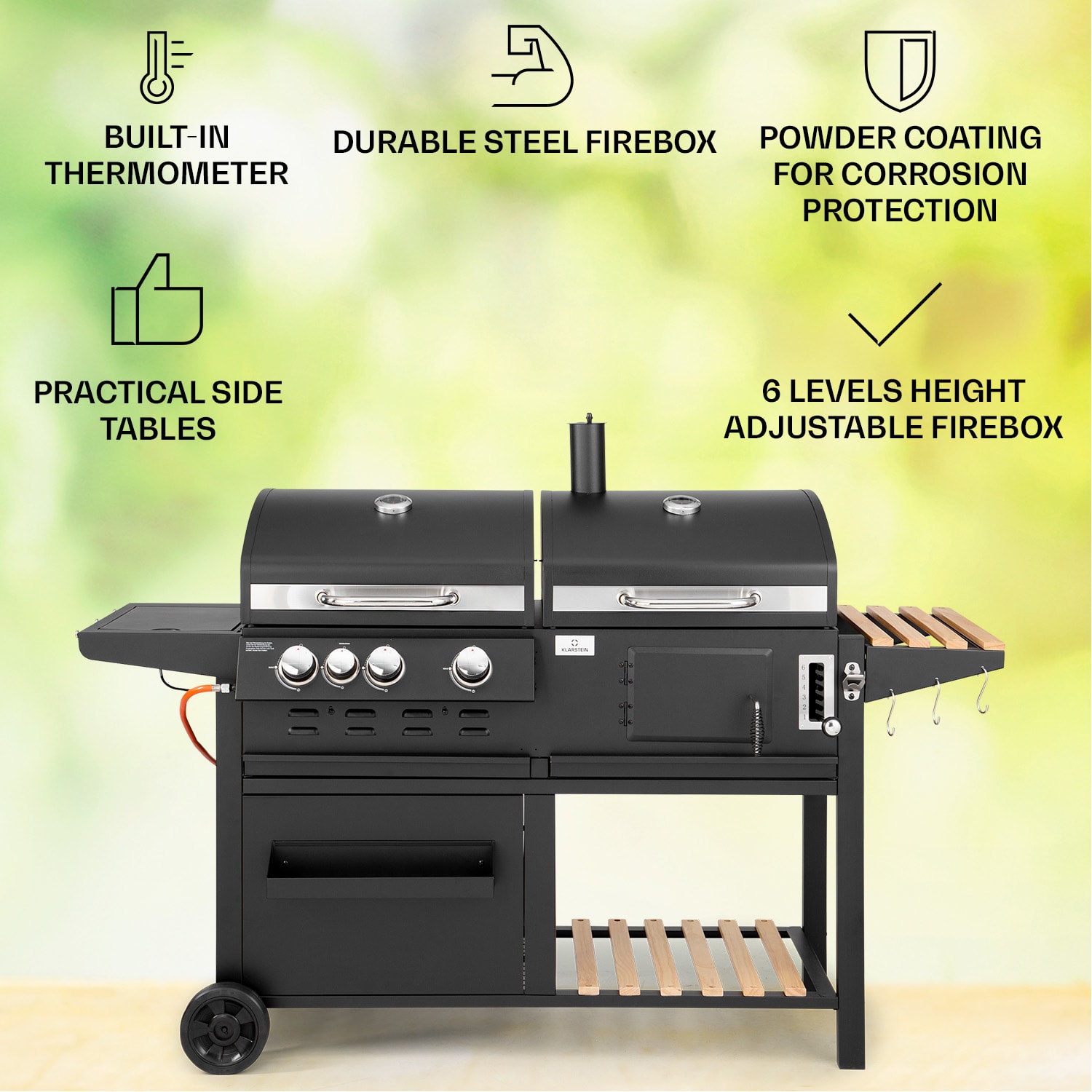 Klarstein Aberdeen, kombinovaný gril, plyn, drevené uhlie, údiareň, teplomer, 2 bočné stolíky, mobilný – Obrázok 2