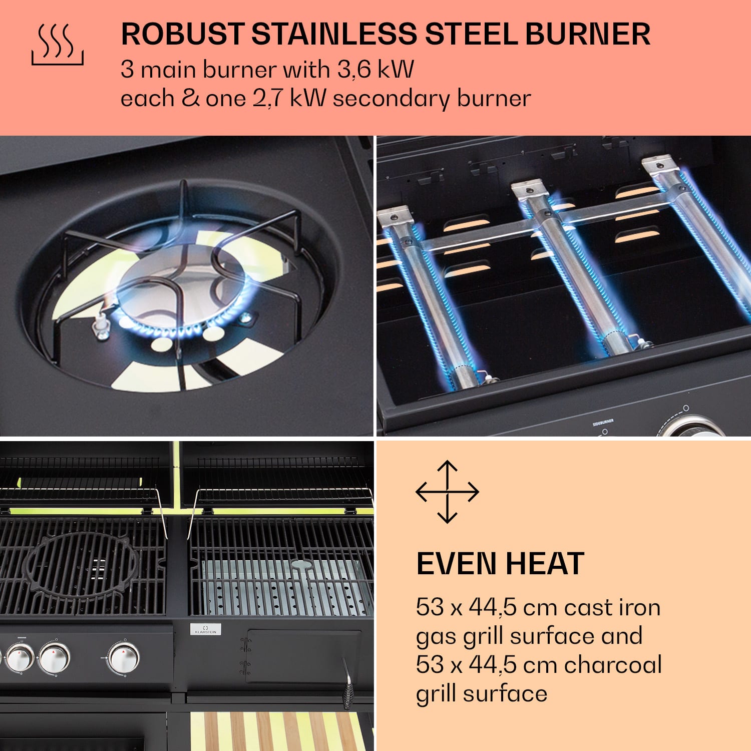 Klarstein Aberdeen, kombinovaný gril, plyn, drevené uhlie, údiareň, teplomer, 2 bočné stolíky, mobilný – Obrázok 4