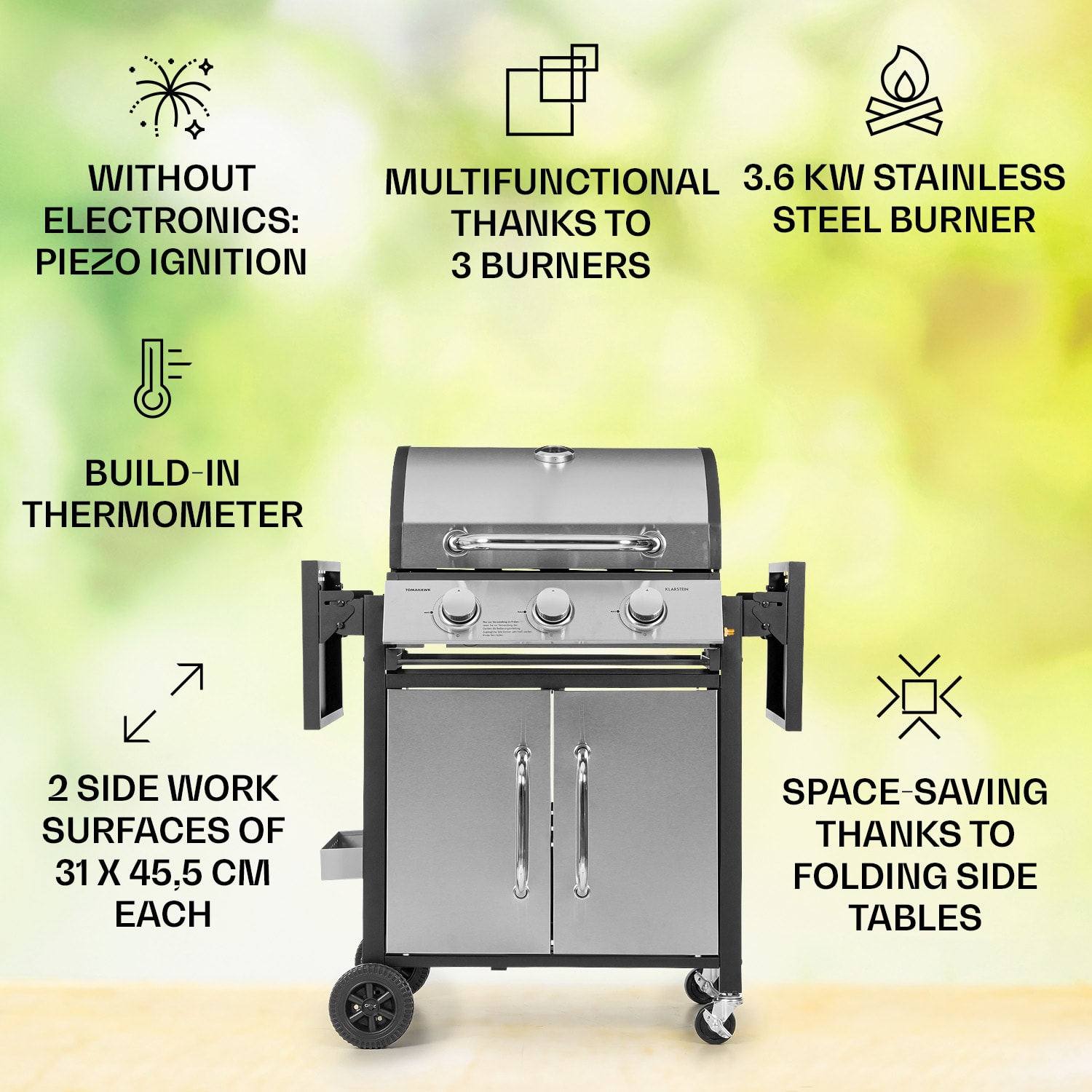 Klarstein Tomahawk, plynový gril, 3 x 3,6 kW horák, 60 x 43,5 cm, gril z nehrdzavejúcej ocele – Obrázok 2