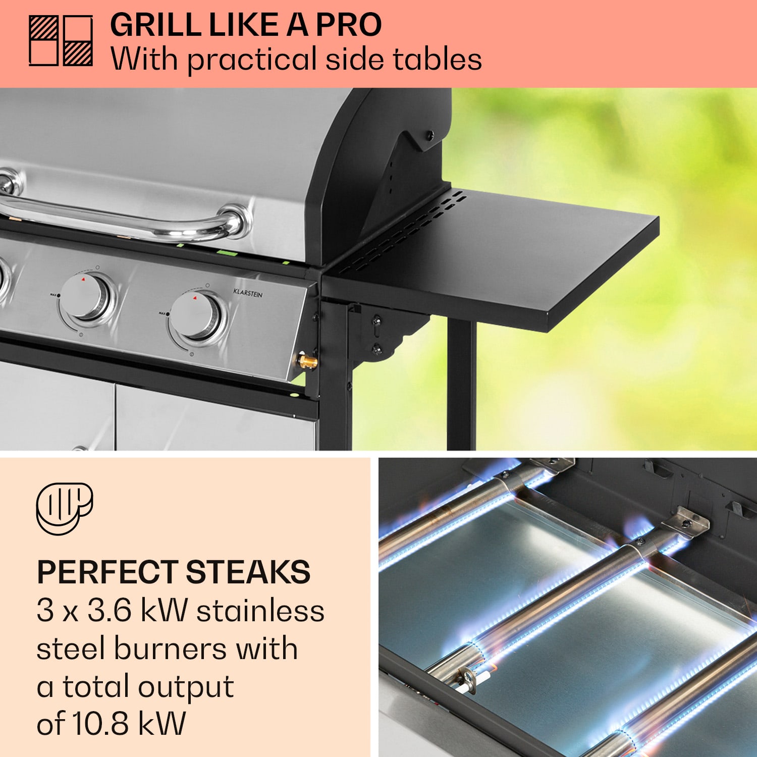 Klarstein Tomahawk, plynový gril, 3 x 3,6 kW horák, 60 x 43,5 cm, gril z nehrdzavejúcej ocele – Obrázok 3
