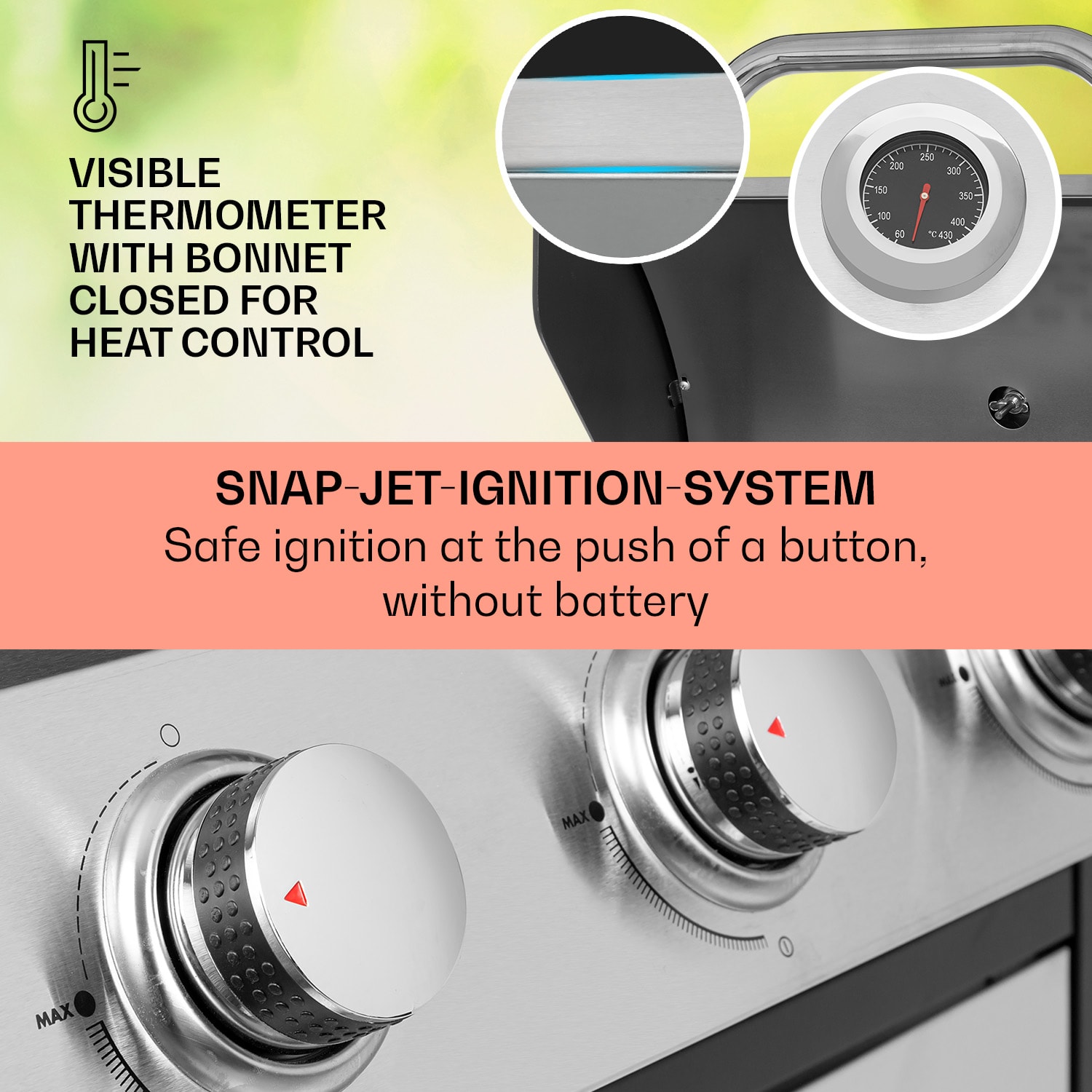 Klarstein Tomahawk, plynový gril, 3 x 3,6 kW horák, 60 x 43,5 cm, gril z nehrdzavejúcej ocele – Obrázok 4