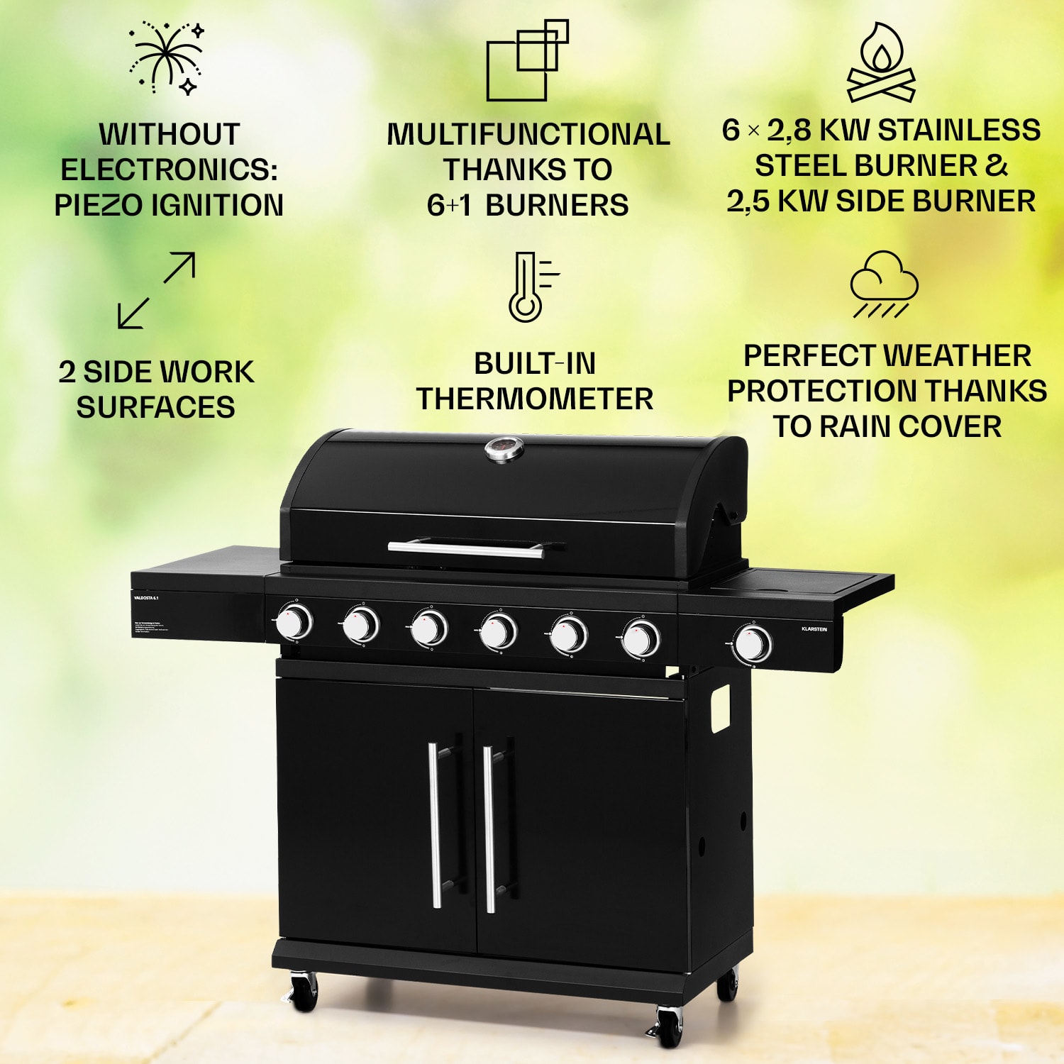 Klarstein Valdosta 6.1, plynový gril, 6+1 horákov, celkový výkon 19,3 kW – Obrázok 2