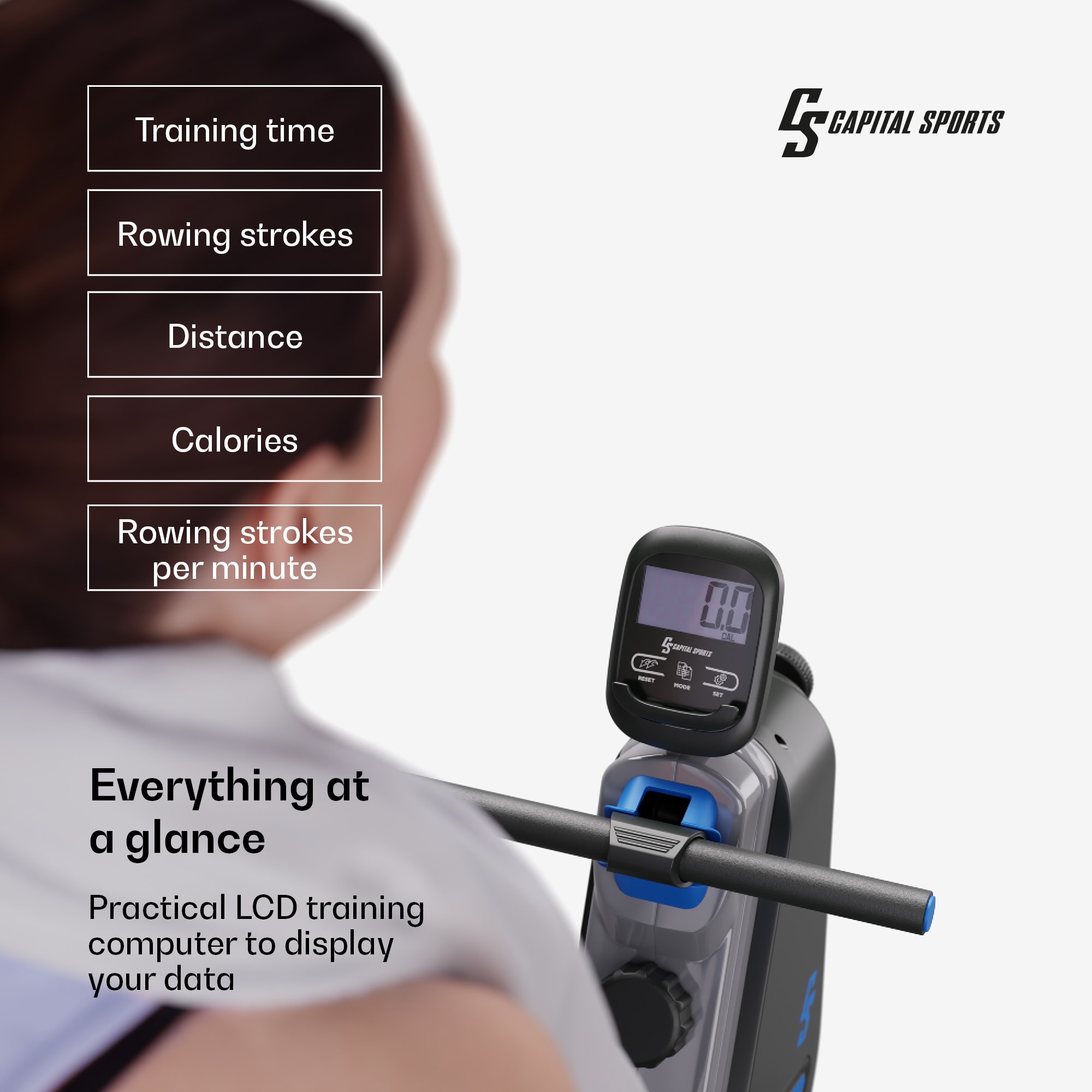 Capital Sports Themis, magnetický veslovací trenažér, LED displej, 8 úrovní, oceľ – Obrázok 5