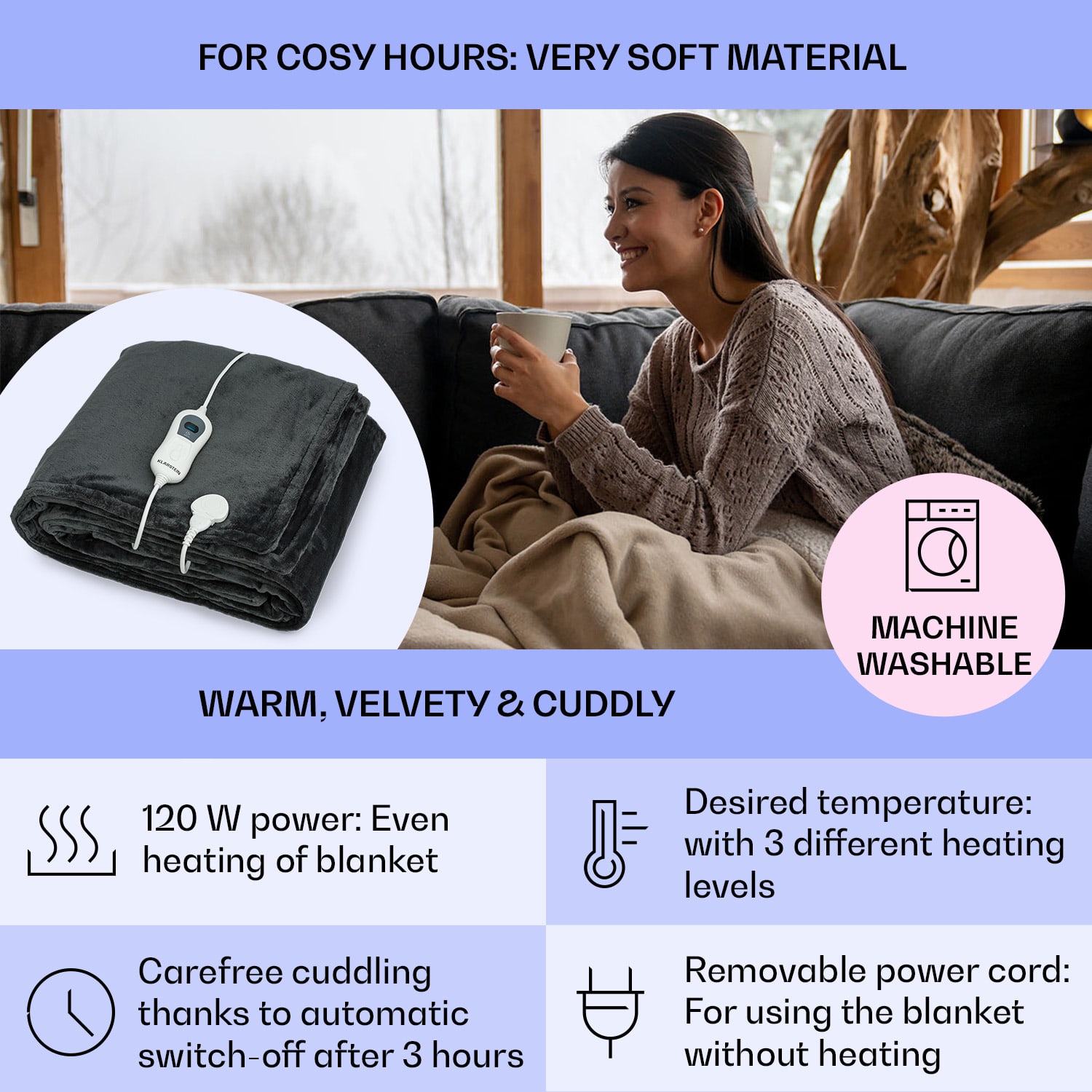 Klarstein Slanket vyhrievaná deka s rukávmi 120W 155x180cm Coral Fleece – Obrázok 2