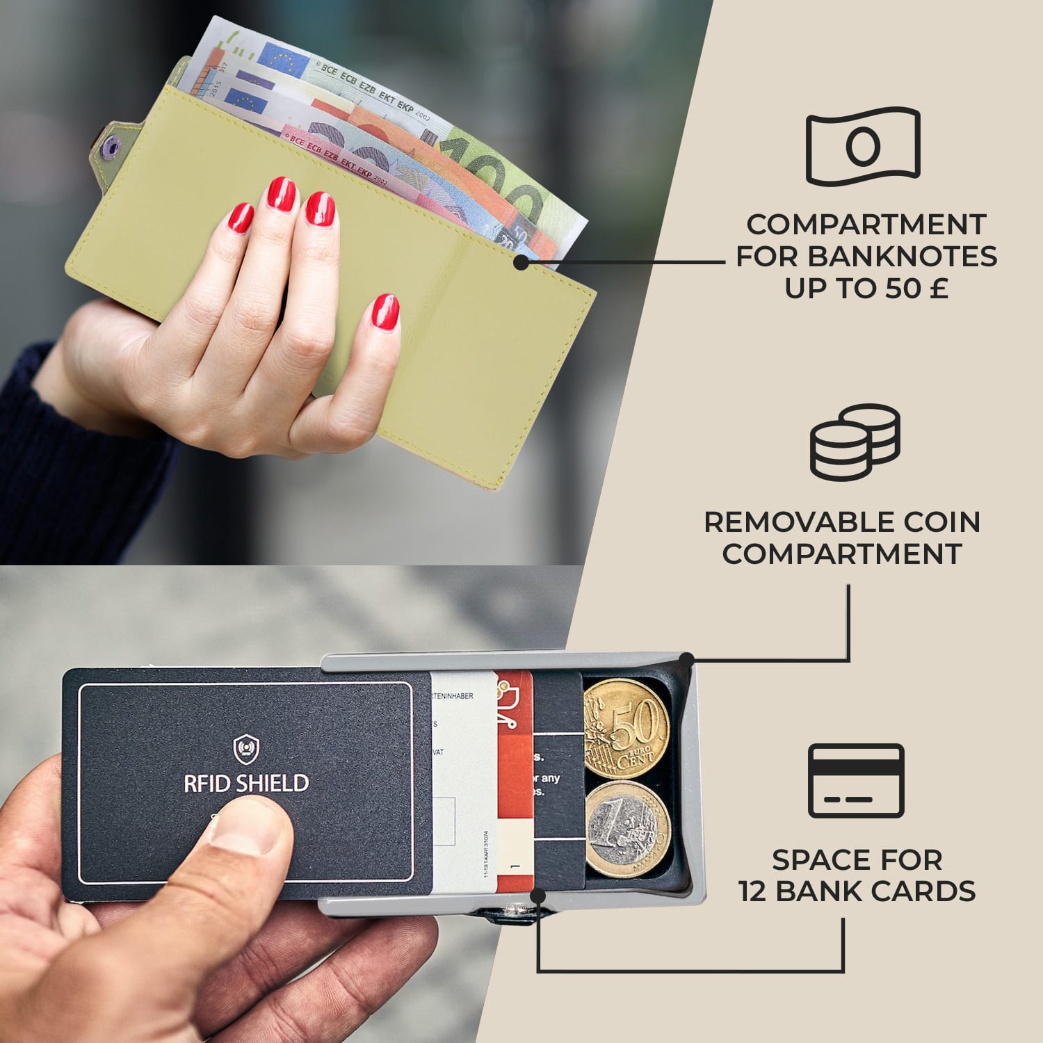 Slimpuro ZNAP Slim Wallet, 12 kariet, priehradka na mince, 8,9 x 1,8 x 6,3 cm (Š x V x H), ochrana RFID – Obrázok 2