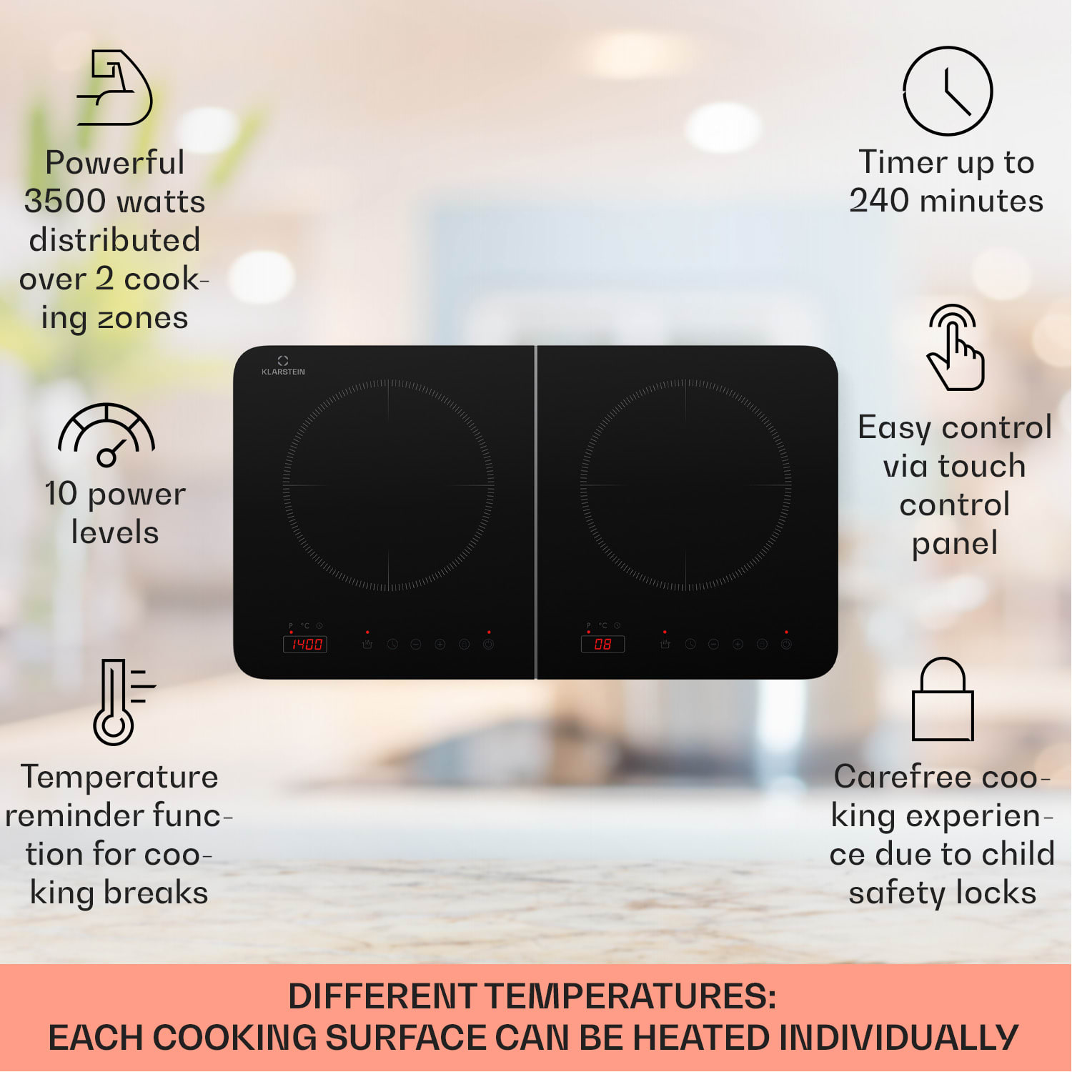 Klarstein Cookio, dvojitá indukčná varná doska, 3500 W, časovač, sklokeramika – Obrázok 2