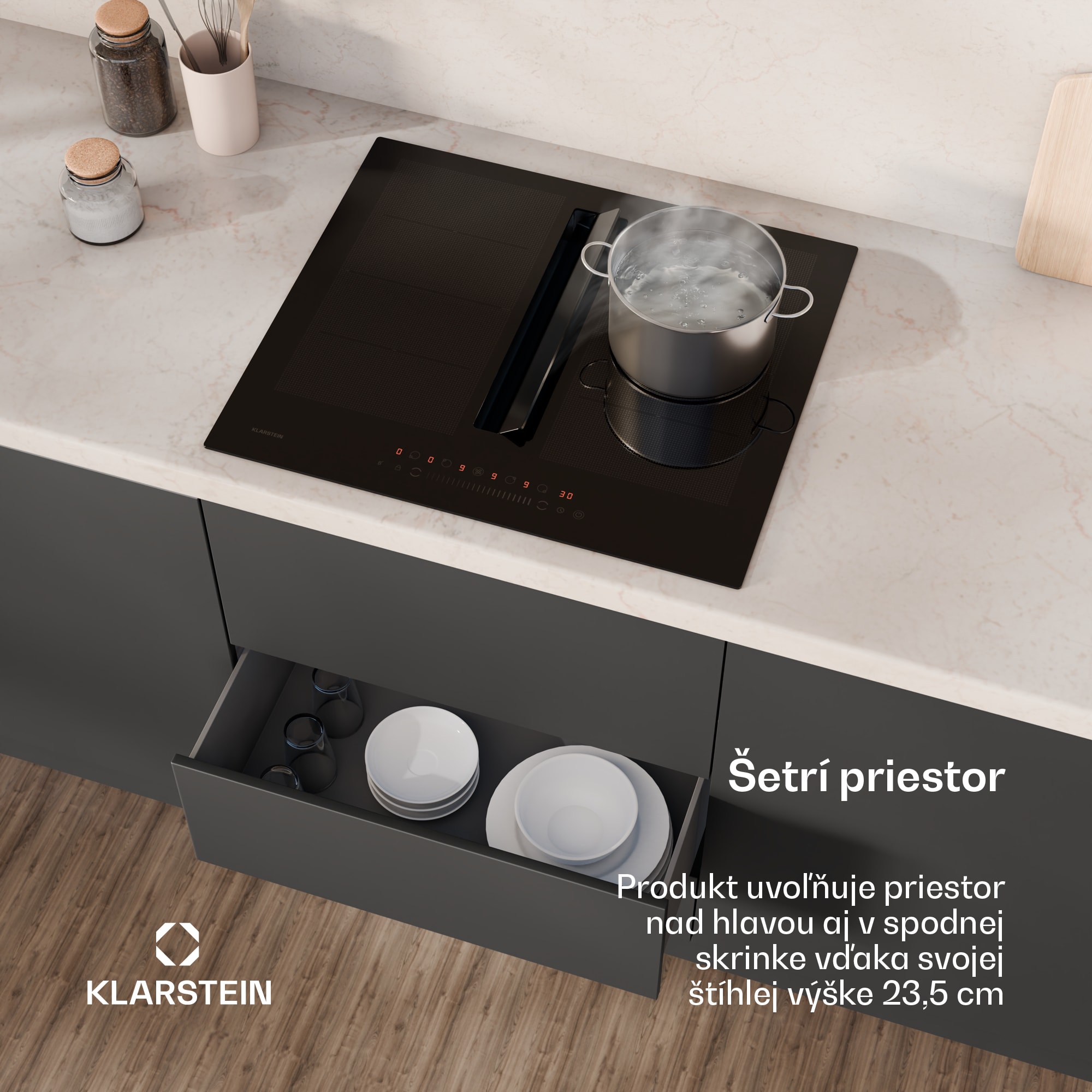 Klarstein Chef-Fusion Down Air System, indukčný sporák + DownAir digestor, 60 cm, 600 m³/h EEC A – Obrázok 5