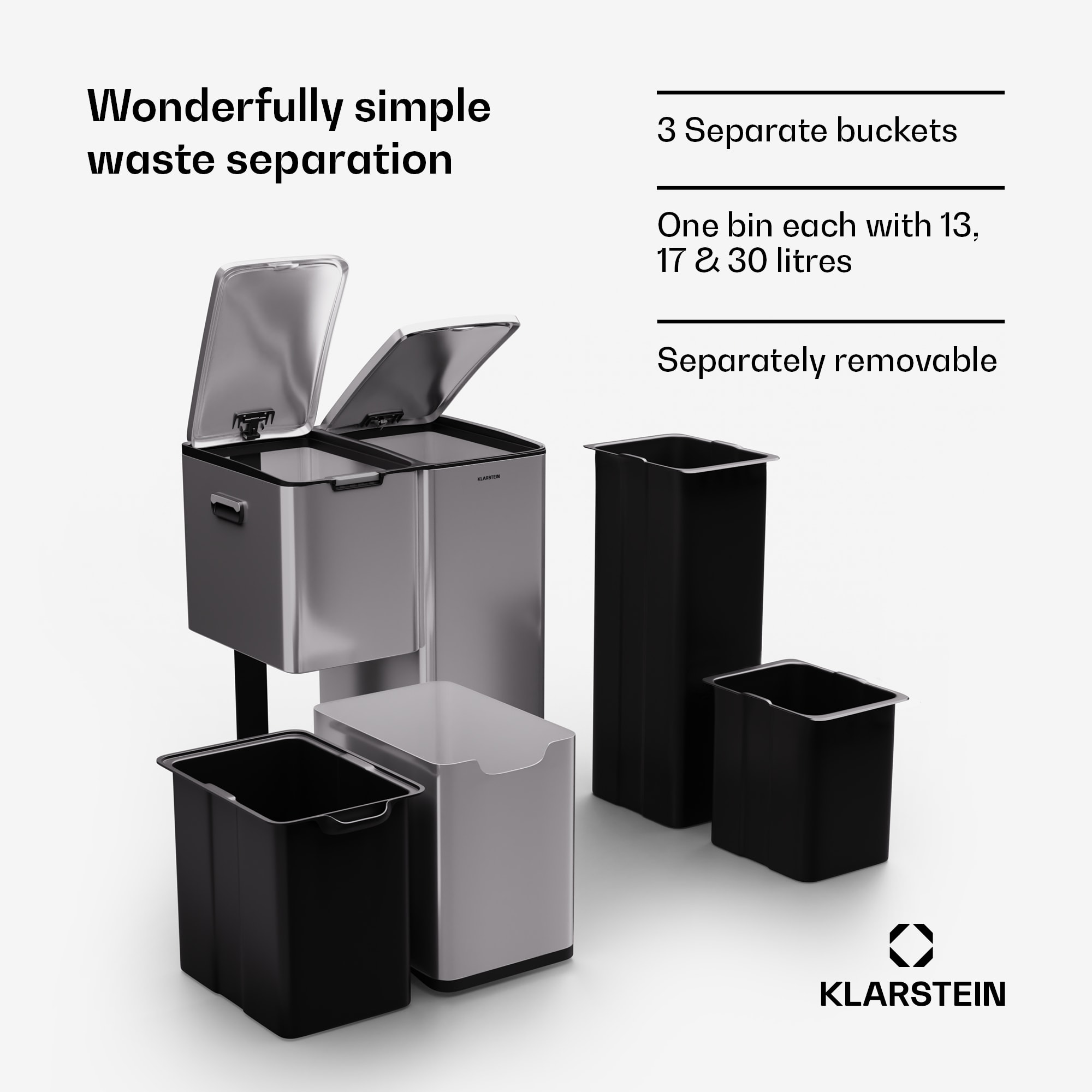 Klarstein Tiyo 3 v 1, kôš na odpadky, 60 litrov, vyberateľný kôš, s mäkkým zatváraním – Obrázok 2