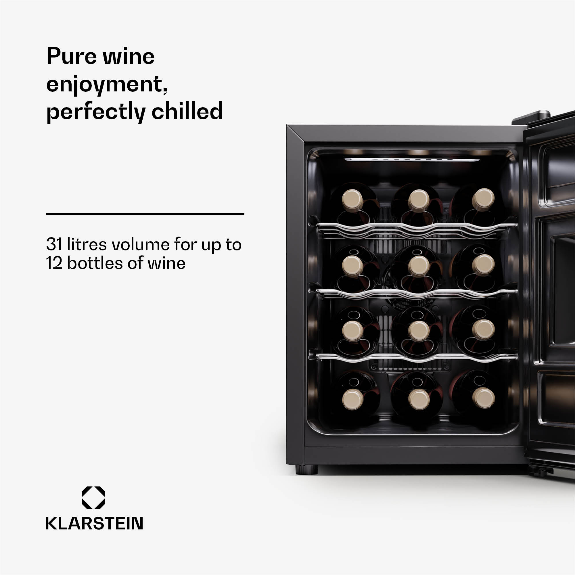 Klarstein Silent Vino 12 Uno, chladnička na víno, 31 l / 12 fliaš, 5-18 °C, dotykové – Obrázok 2