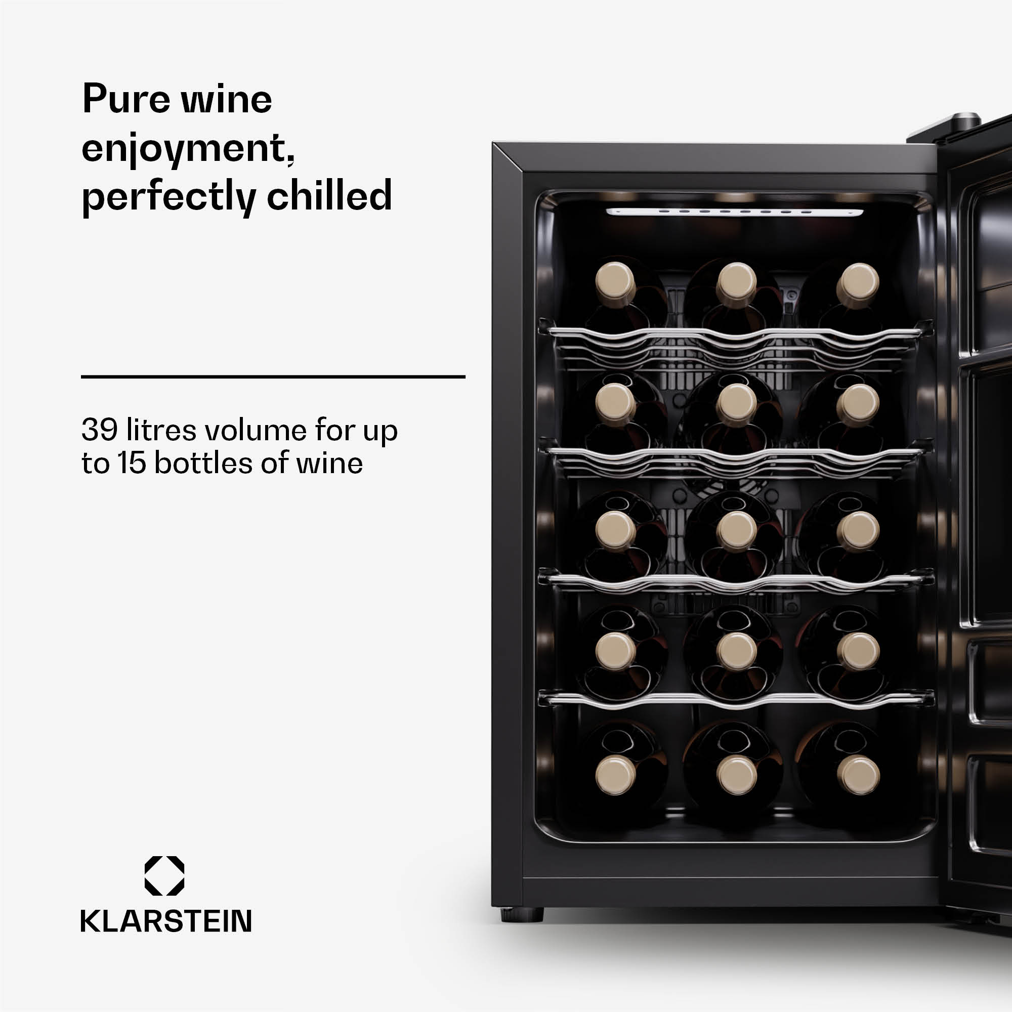 Klarstein Silent Vino 15 Uno, chladnička na víno, 39 l / 15 fliaš, 5-18 °C, dotykové – Obrázok 2