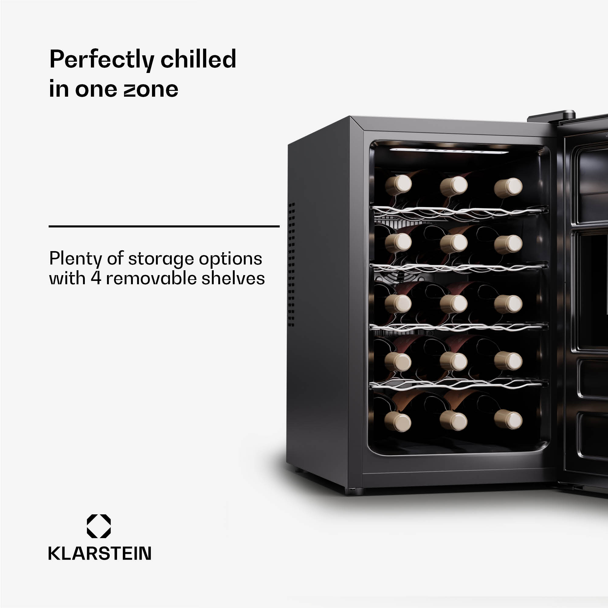 Klarstein Silent Vino 15 Uno, chladnička na víno, 39 l / 15 fliaš, 5-18 °C, dotykové – Obrázok 4