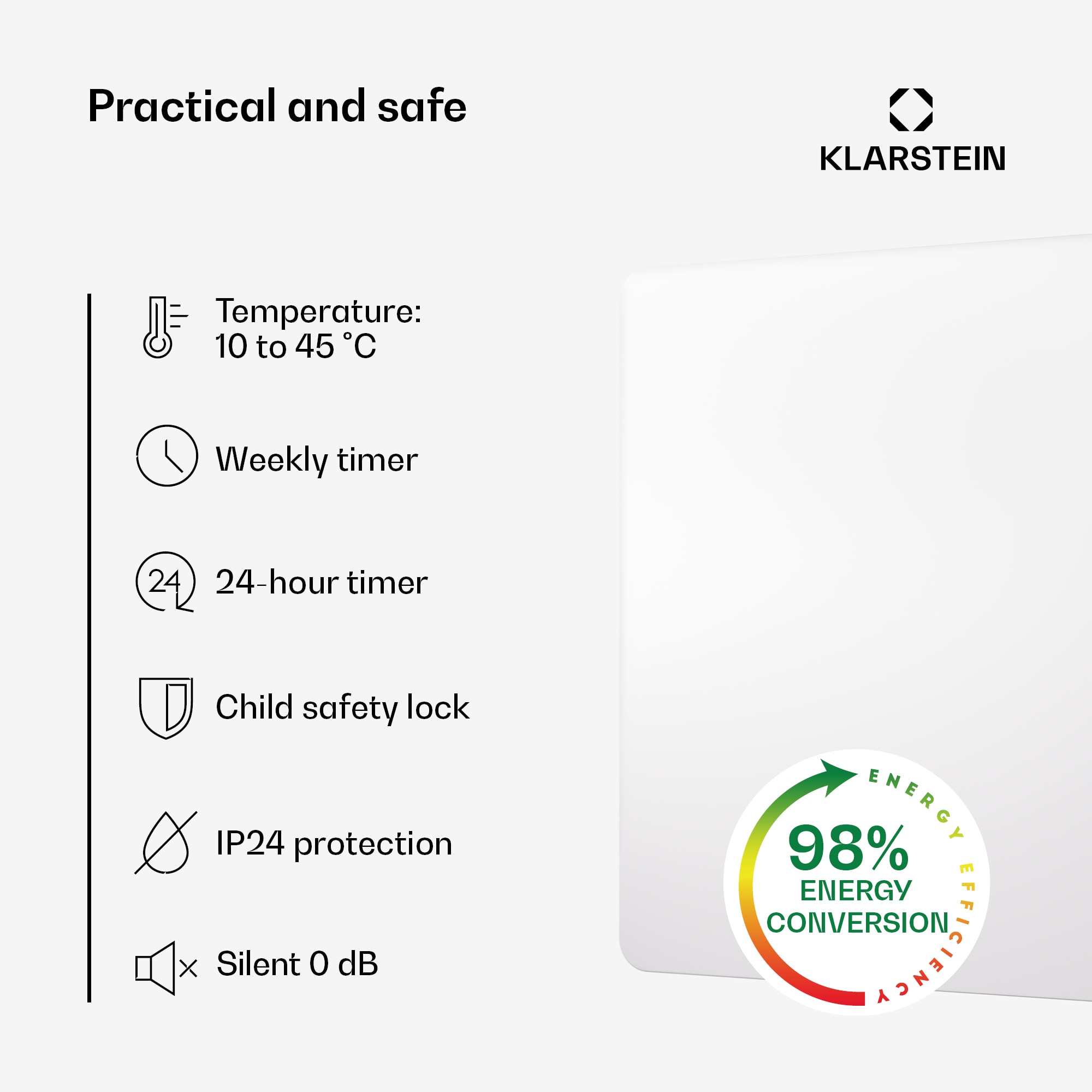 Klarstein Wonderbeam 450 Hybride Infračervený ohrievač 60 x 60 cm 450 W Týždenný časovač Diaľkové ovládanie – Obrázok 4