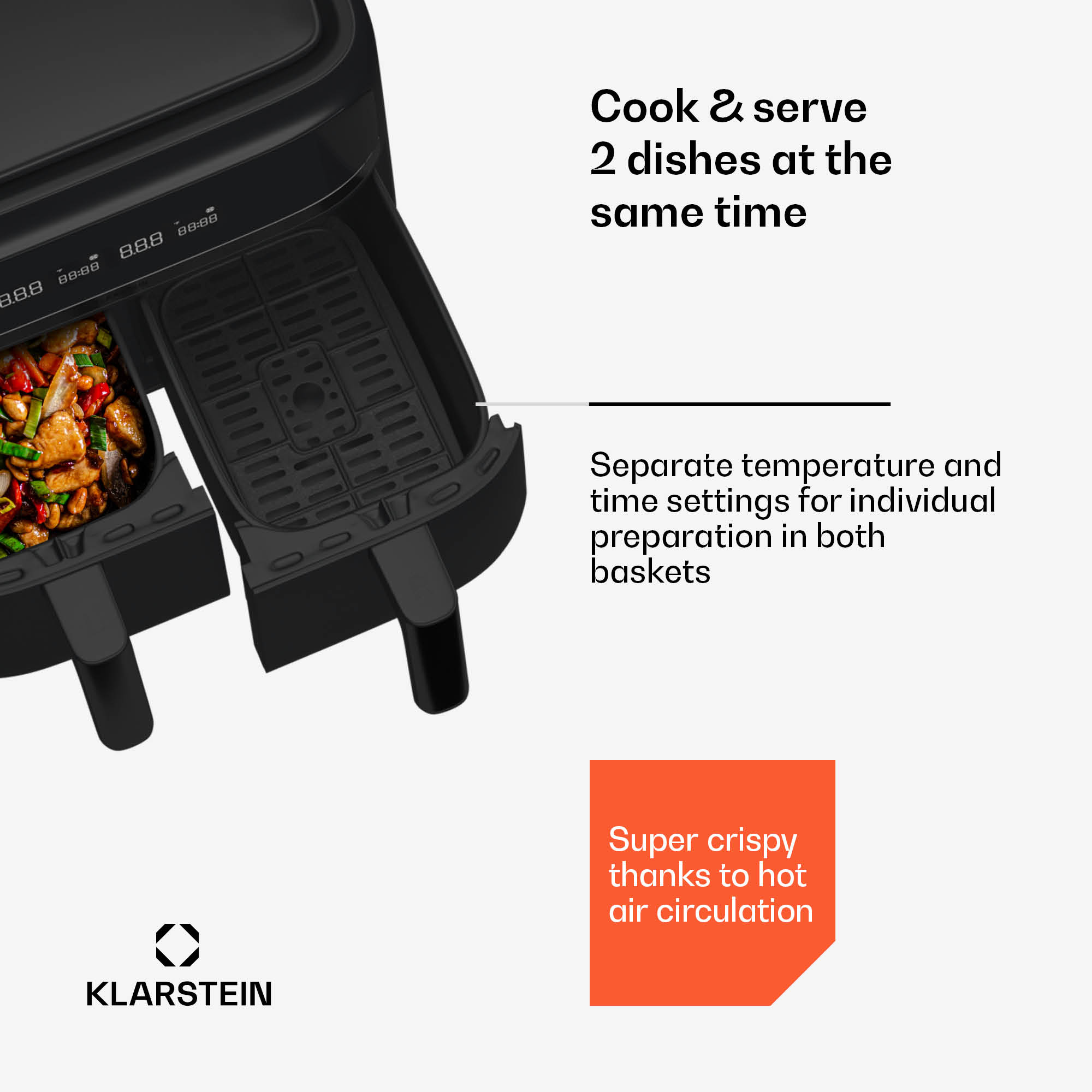 Klarstein VitaFry Duo, teplovzdušná fritéza, 2850 W, 7,6 l, 2 varné zóny, 6 programov – Obrázok 4