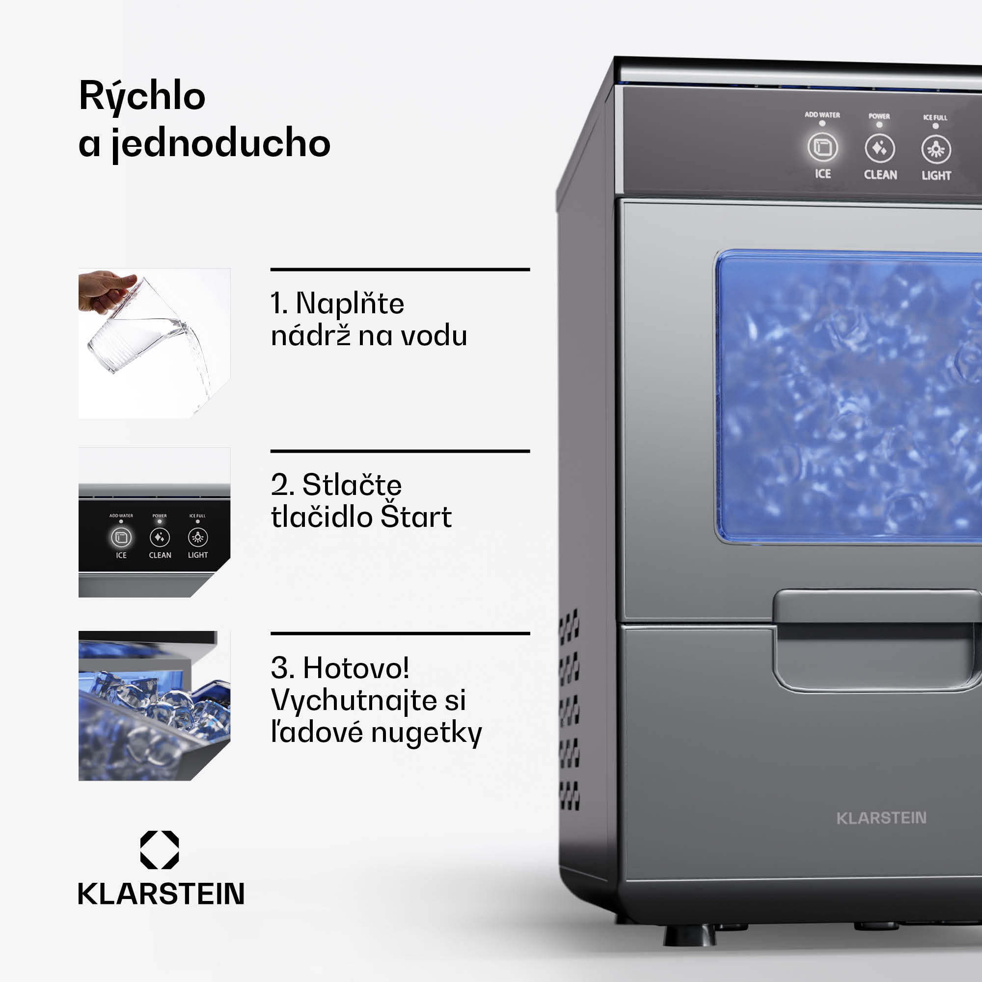 Klarstein Ice Galet, výrobník ľadových nugetiek, 20 kg/24 h, Auto-Clean, 2,2-litrová nádrž na vodu – Obrázok 3