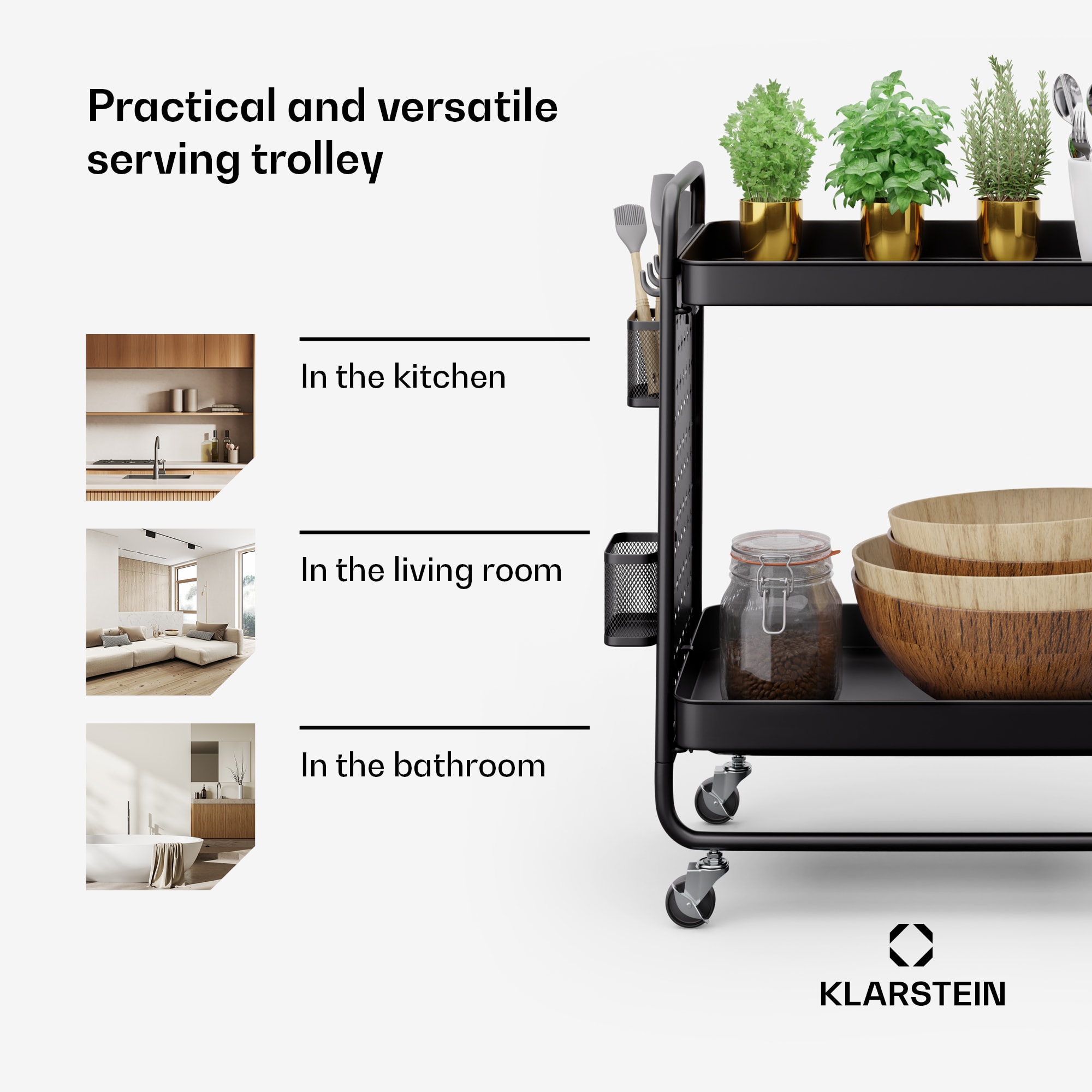 Klarstein Chibi, servírovací vozík, 2 police, kovový, koše, háčiky, mobilný – Obrázok 2
