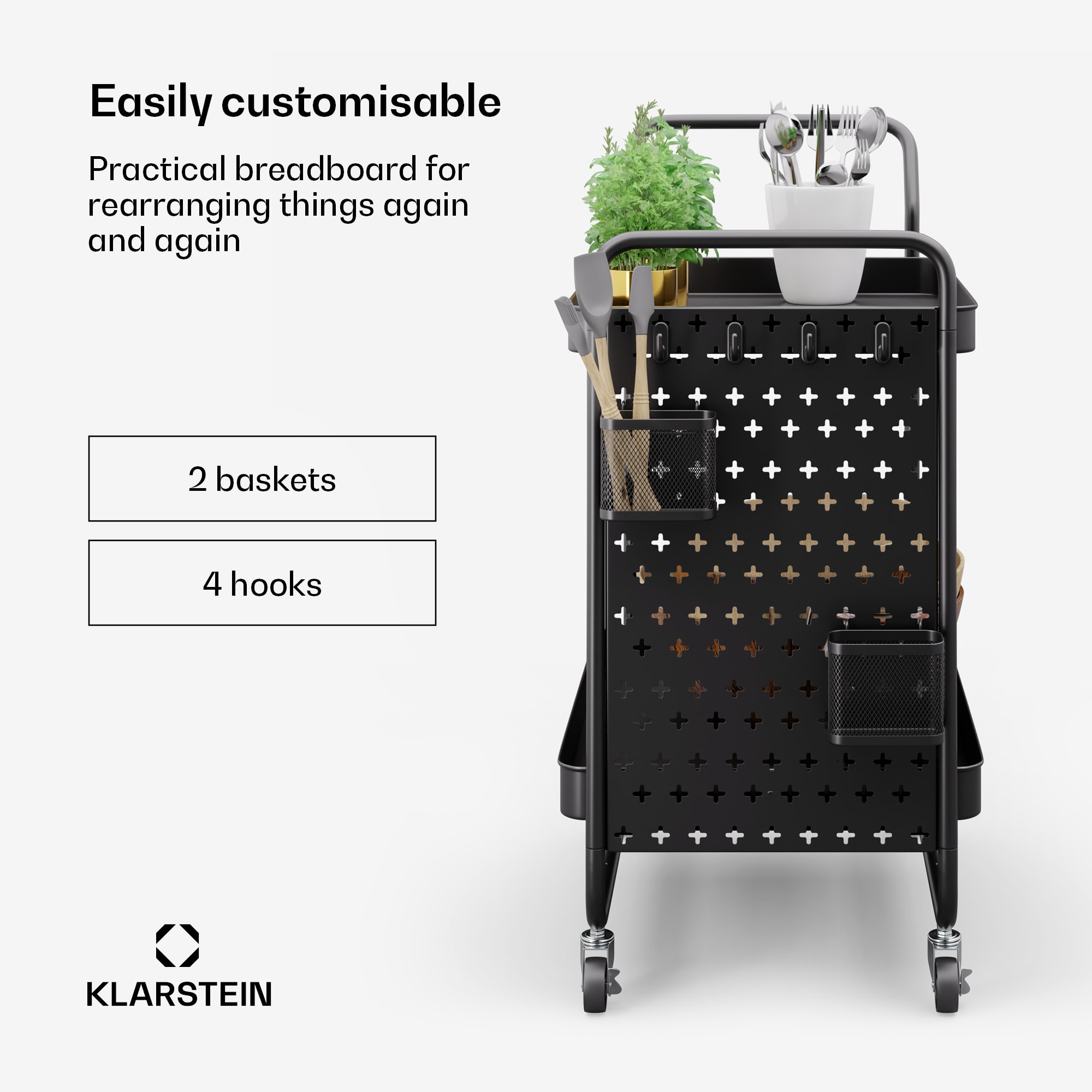 Klarstein Chibi, servírovací vozík, 2 police, kovový, koše, háčiky, mobilný – Obrázok 3