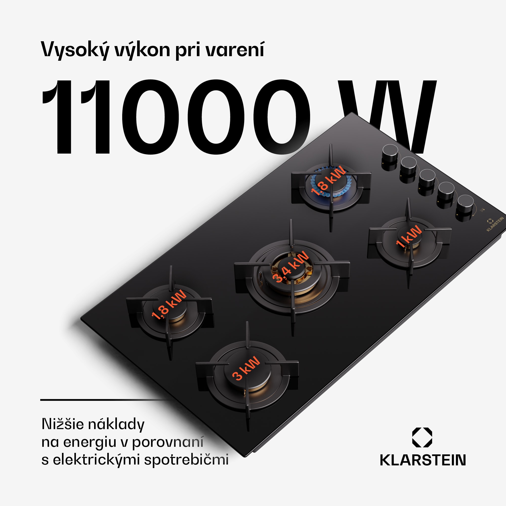 Klarstein Goldflame 5, plynová varná doska, sebestačná, 5 horákov, bočné ovládanie, plyn/propán, sklokeramika, čierna – Obrázok 2