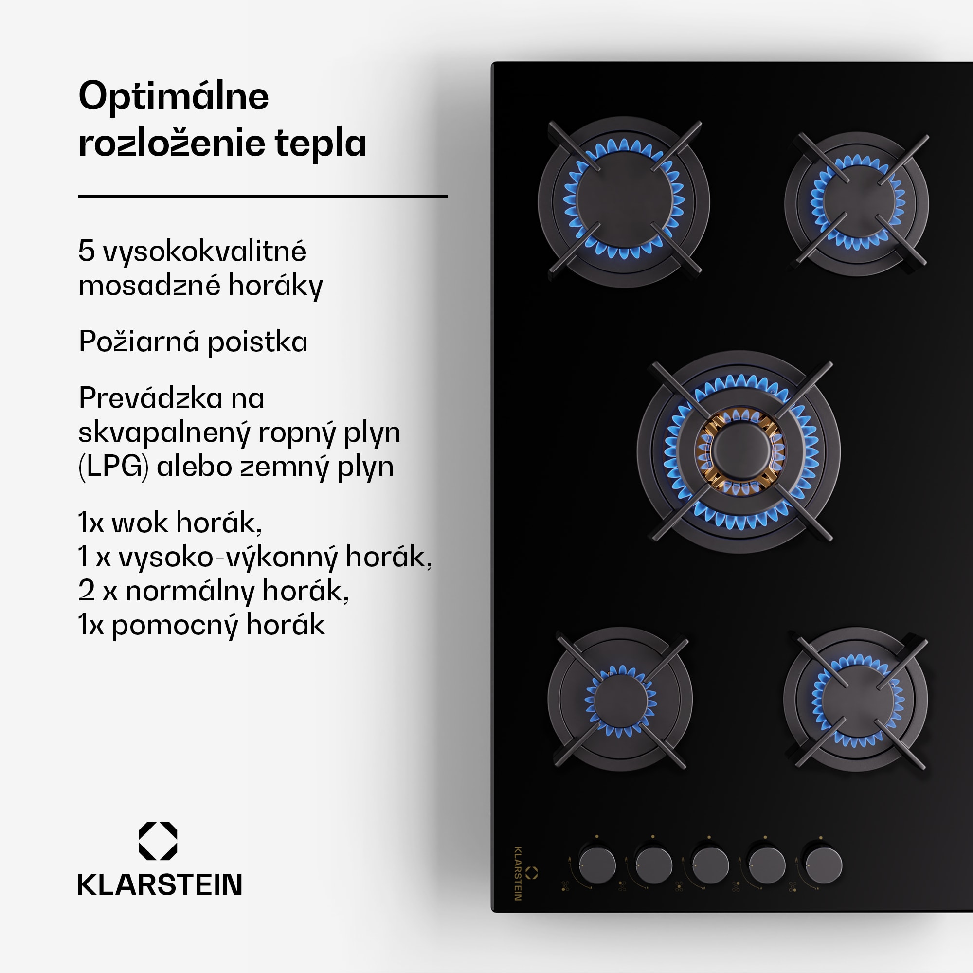 Klarstein Goldflame 5, plynová varná doska, sebestačná, 5 horákov, bočné ovládanie, plyn/propán, sklokeramika, čierna – Obrázok 3