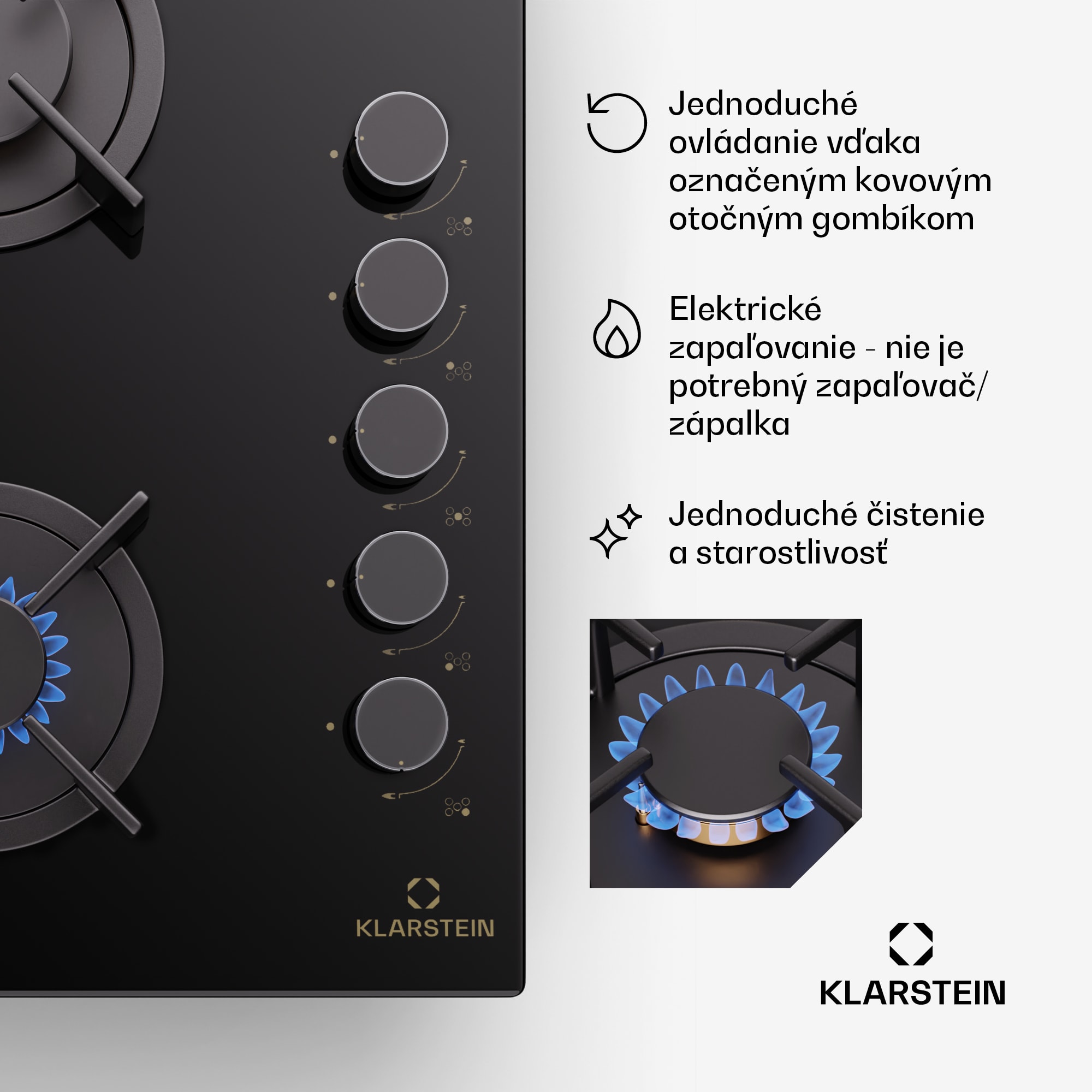 Klarstein Goldflame 5, plynová varná doska, sebestačná, 5 horákov, bočné ovládanie, plyn/propán, sklokeramika, čierna – Obrázok 5