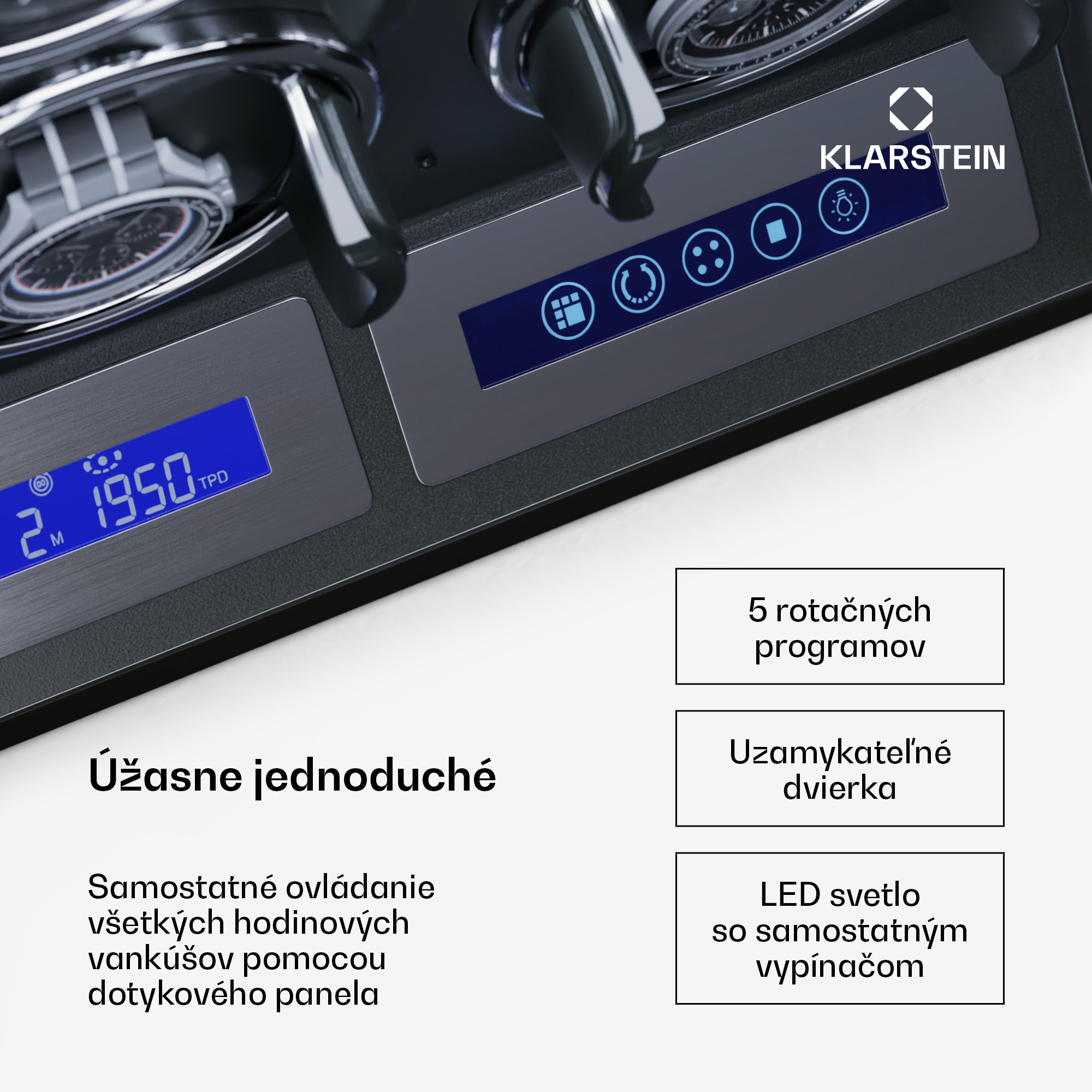Klarstein Sarthe 6, naťahovač hodiniek, na 6 hodiniek, 5 režimov otáčania, LED osvetlenie, dotýkové ovládanie, diaľkové ovládanie – Obrázok 5
