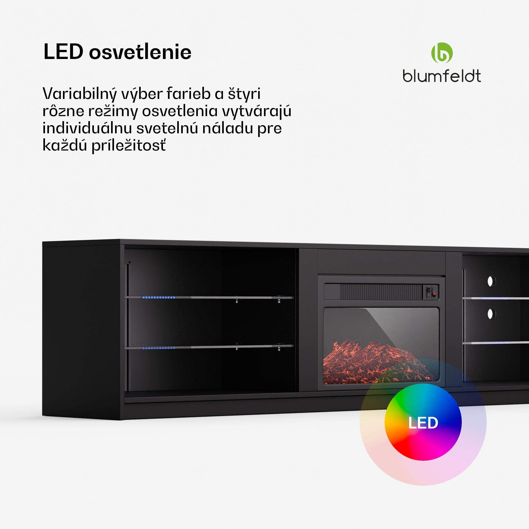 Blumfeldt Perth Medium Lowboard TV skrinka s elektrickým krbom, 160 x 40 x 30 cm, LED – Obrázok 3