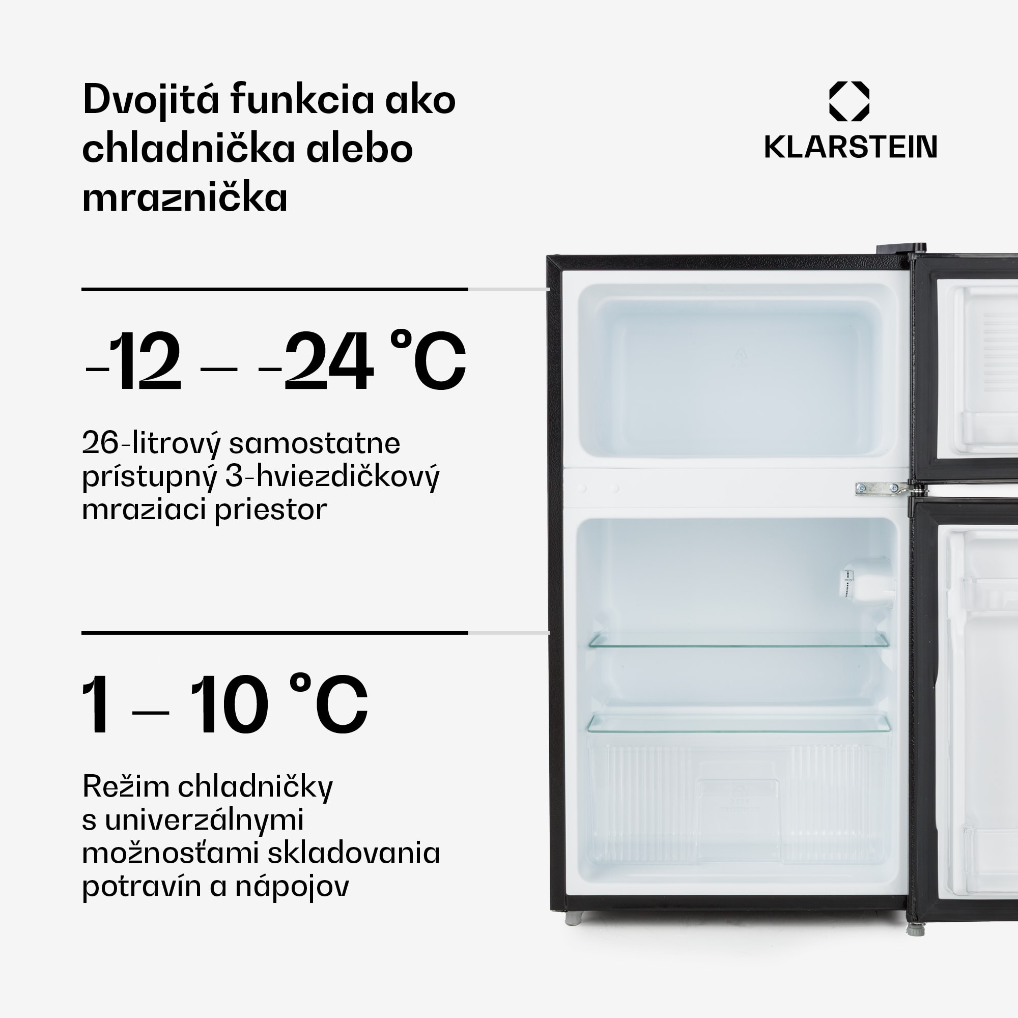 Klarstein Big Daddy Cool, kombinovaná chladnička, 61/26 l, 40 dB, energet. trieda F, čierna – Obrázok 4