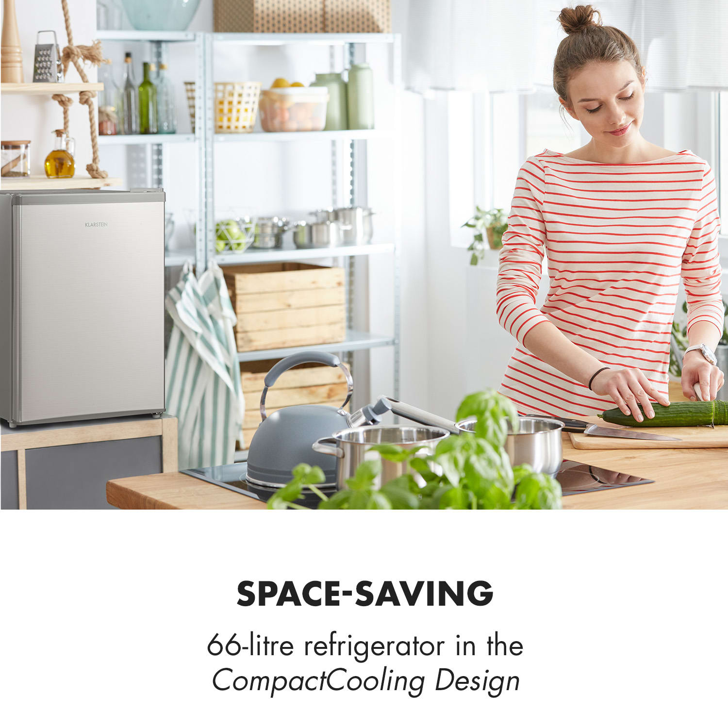 Klarstein Cool Kid, mini chladnička, 66 l, mraziaci priečinok 4 l, 41 dB, energet. trieda F, brúsená nehrdzavejúca oceľ – Obrázok 2