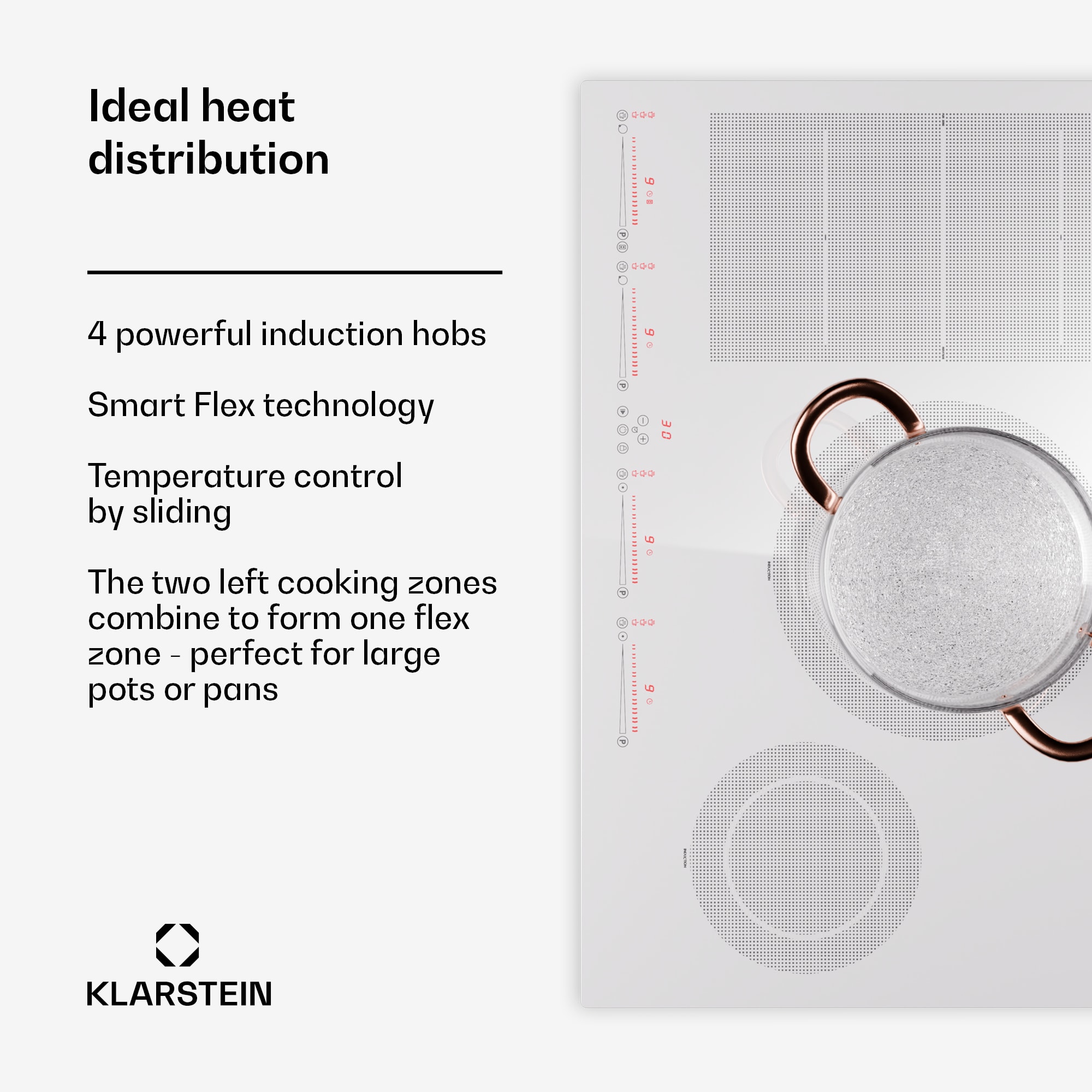Klarstein Masterzone 77 Hybrid, indukčná varná doska, max. 7200 W, vstavaná, 4 Flex zóny, technológia ThermoBoost, Smart Flex – Obrázok 2