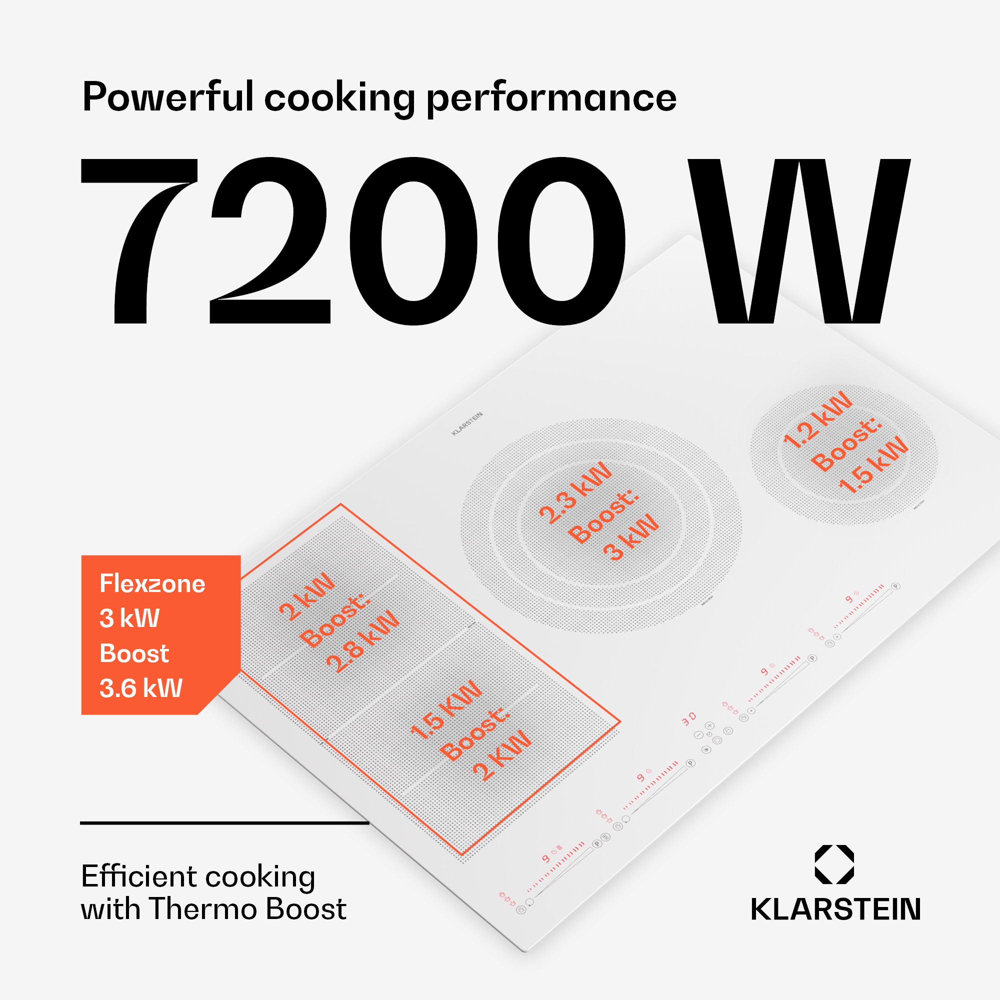 Klarstein Masterzone 77 Hybrid, indukčná varná doska, max. 7200 W, vstavaná, 4 Flex zóny, technológia ThermoBoost, Smart Flex – Obrázok 3