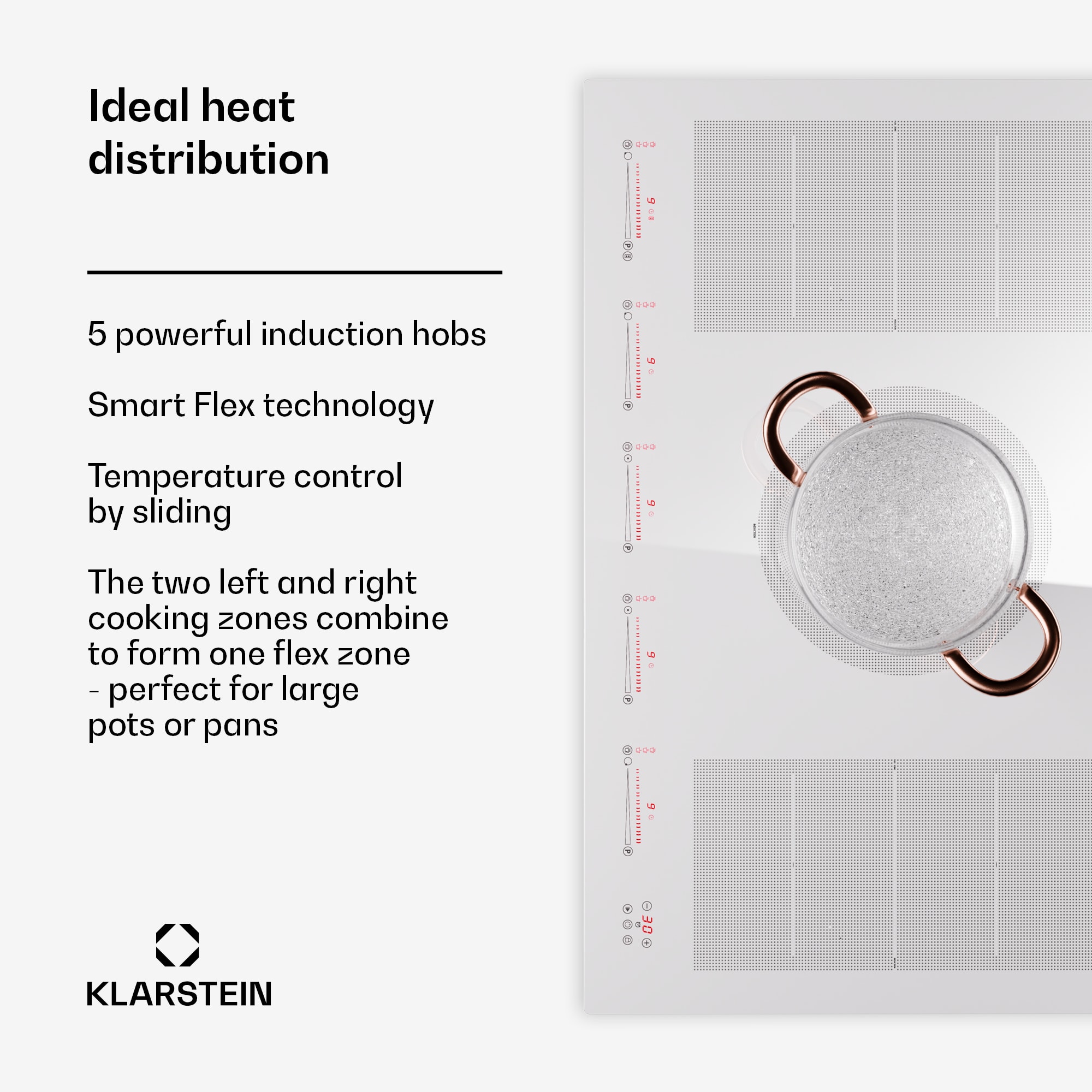 Klarstein Masterzone 90 Flex, indukčná varná doska, max. 12 600 W, vstavaná, 5 zón, 2 Flex zóny, technológia ThermoBoost, Smart Flex – Obrázok 2