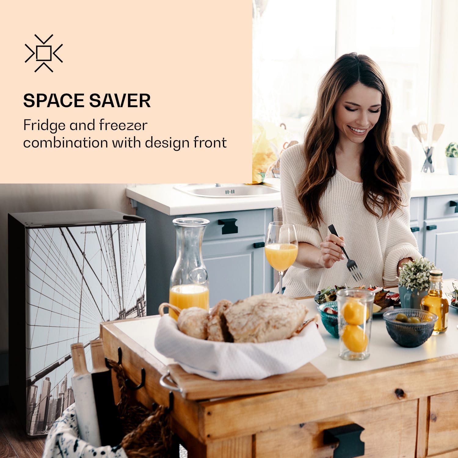 Klarstein CoolArt 79L, kombinovaná chladnička s mrazničkou, EEK E, mraziaci priestor 9 l, dizajnové dvere – Obrázok 2