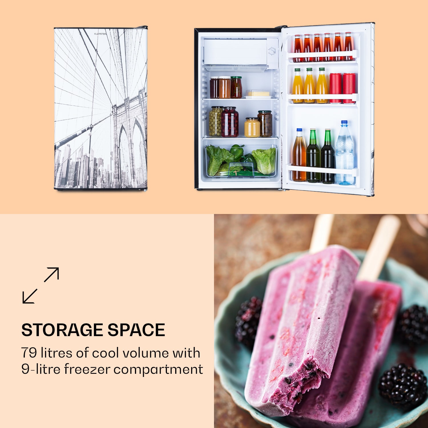 Klarstein CoolArt 79L, kombinovaná chladnička s mrazničkou, EEK E, mraziaci priestor 9 l, dizajnové dvere – Obrázok 3