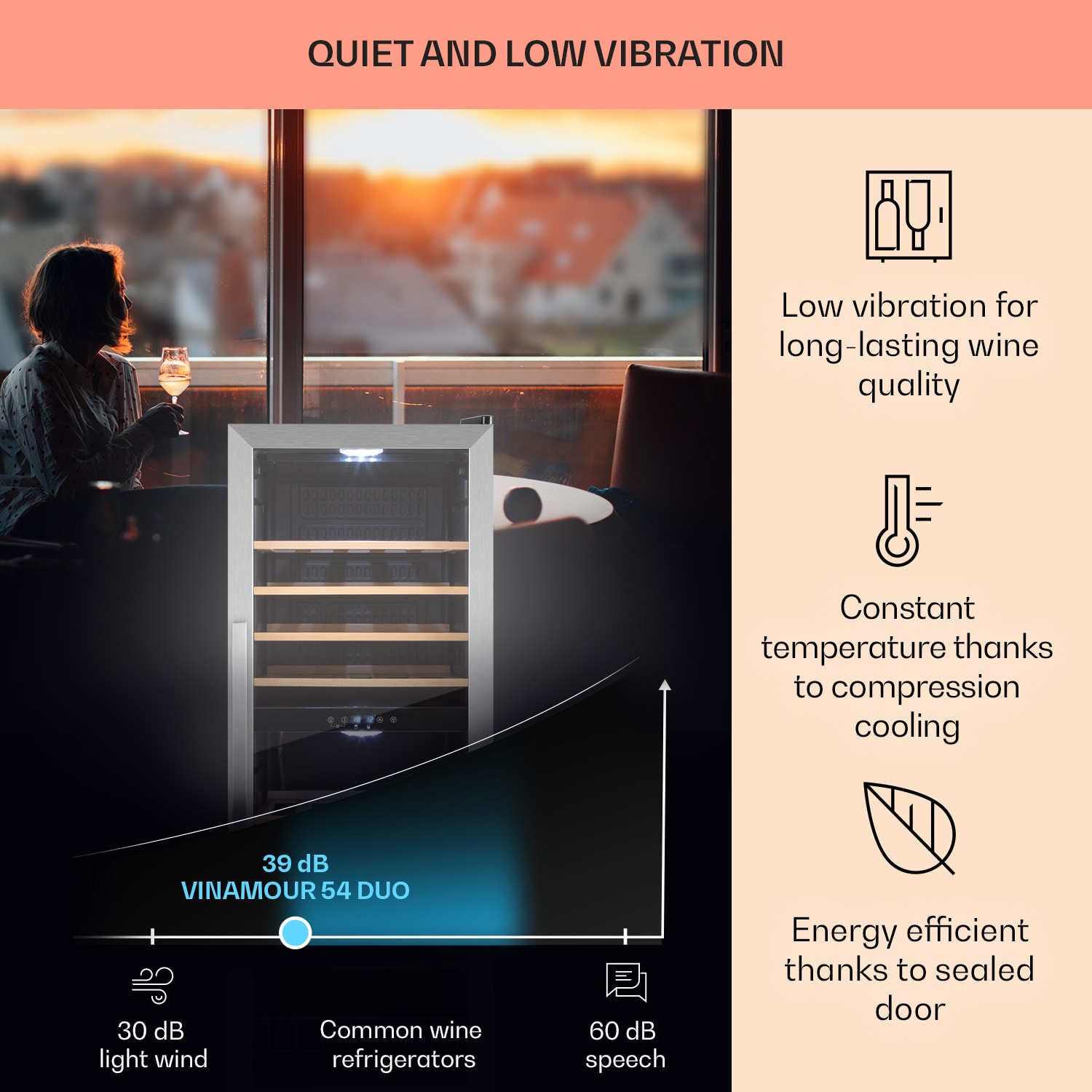 Klarstein Vinamour 54D, vinotéka, 148 l, 54 fliaš, 2 zóny, čelo z nehrdzavejúcej ocele – Obrázok 4