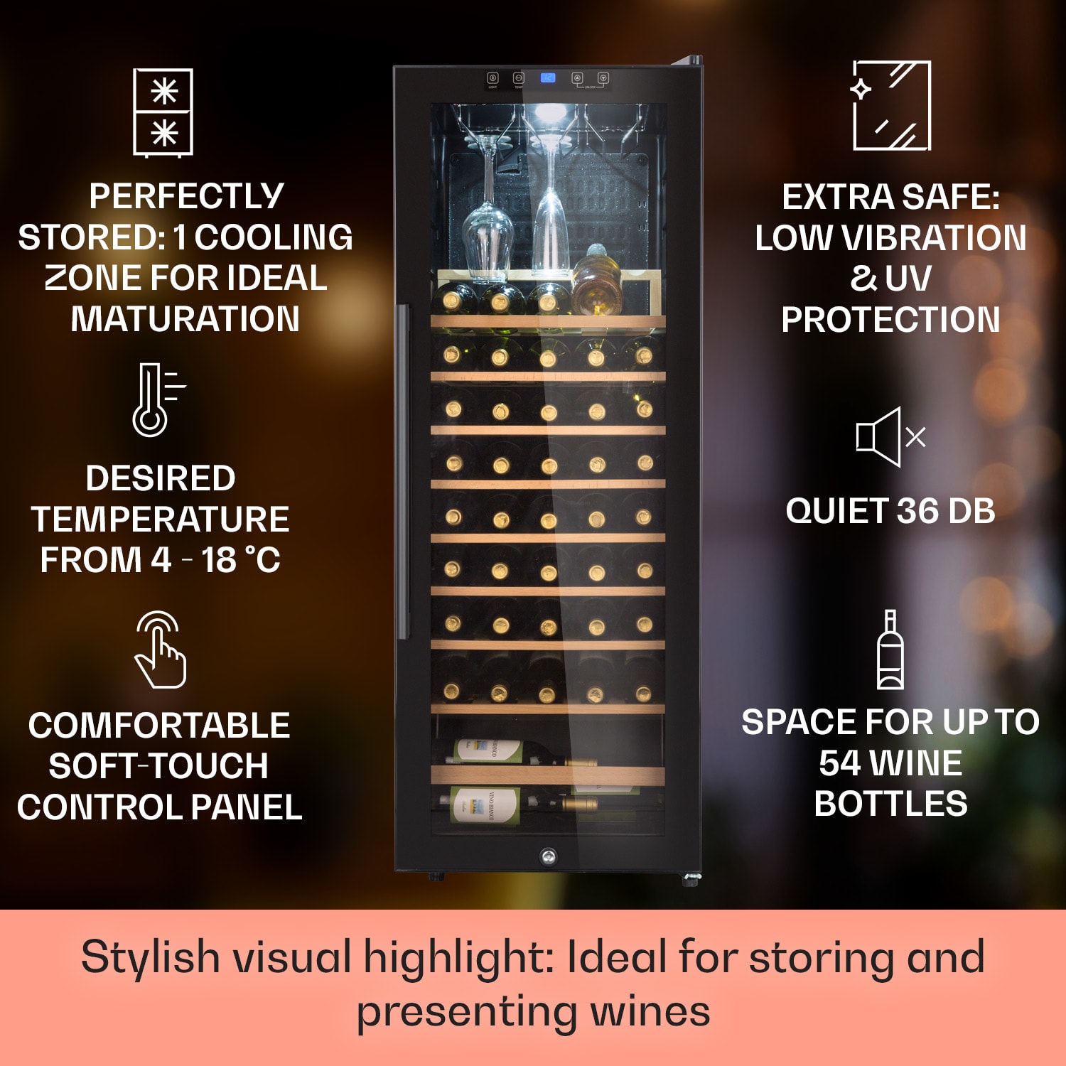 Klarstein Barossa 54 Uno, vinotéka, 155 l, 54 fliaš, sklenené dvere, dotykové ovládanie, LED – Obrázok 2
