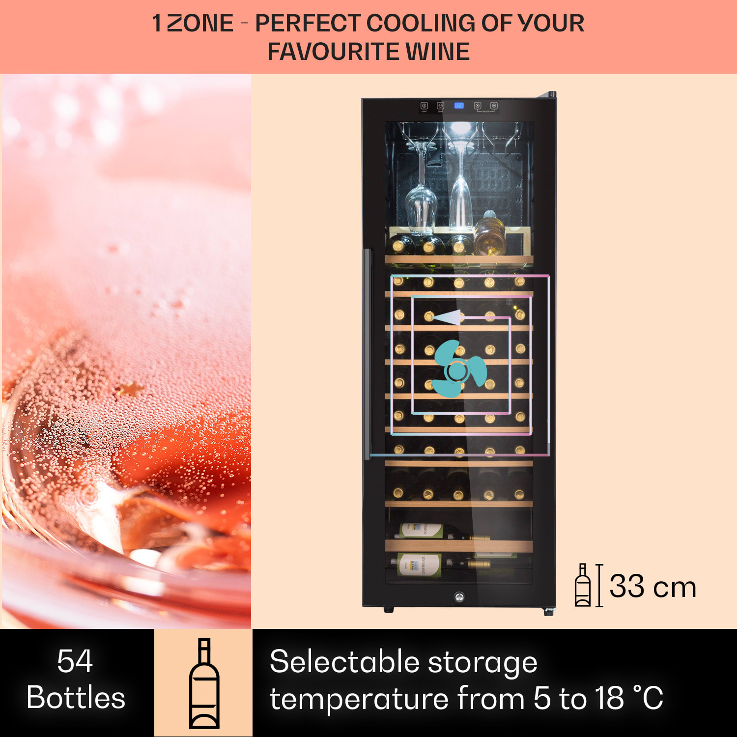 Klarstein Barossa 54 Uno, vinotéka, 155 l, 54 fliaš, sklenené dvere, dotykové ovládanie, LED – Obrázok 3