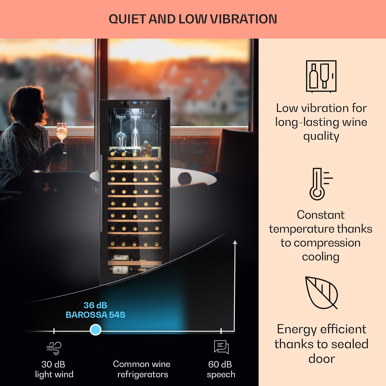 Klarstein Barossa 54 Uno, vinotéka, 155 l, 54 fliaš, sklenené dvere, dotykové ovládanie, LED – Obrázok 4