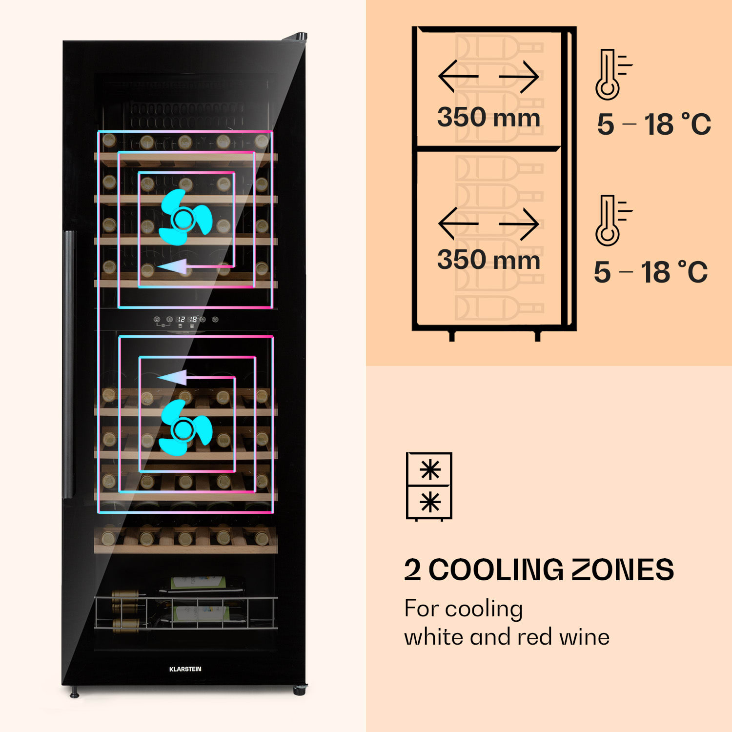 Klarstein Barossa 54 Duo, vinotéka, 148 l, 2 zóny, 54 fliaš, dotykový displej – Obrázok 3