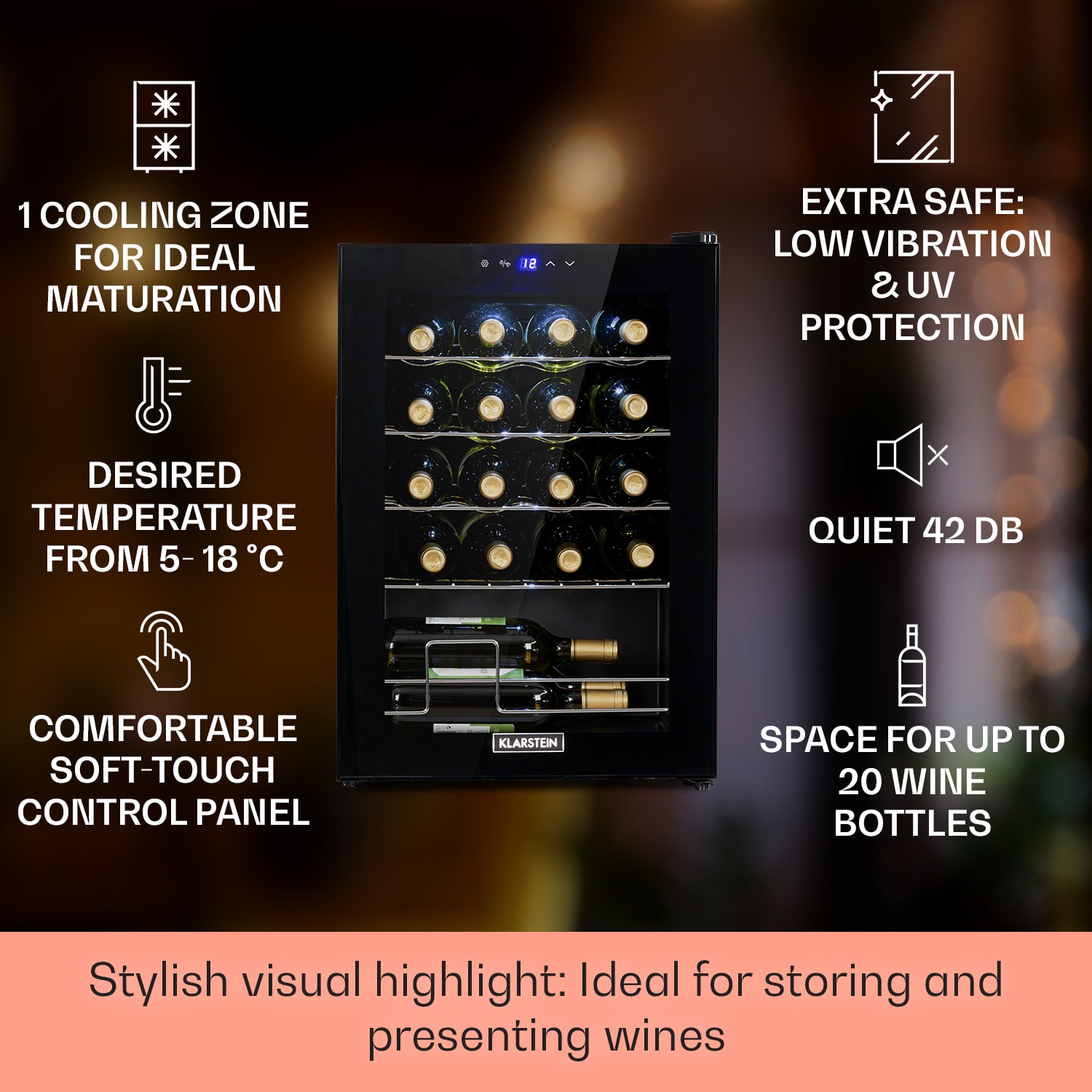 Klarstein Shiraz 20 Uno, vinotéka, 53 l, 20 fliaš, 5-18°C, dotykový ovládací panel – Obrázok 2